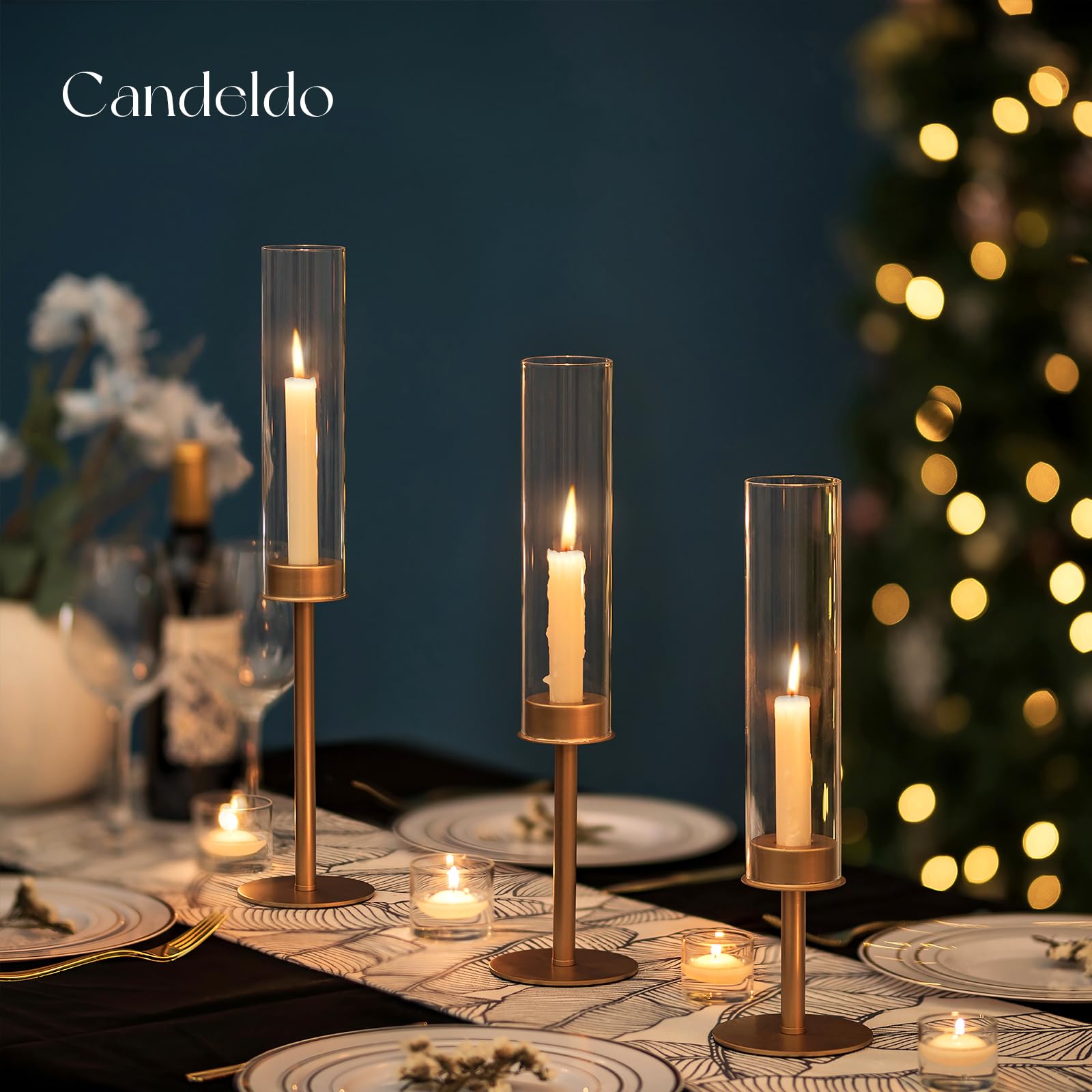 Golden Hurricane Glass Candle Holders - Set of 3 Tall Taper Candle Sticks for Wedding, Christmas, Dining Table Centerpiece Decor - Elegant Home Decor for Holiday Parties, Romantic Dinners & Seasonal Celebrations