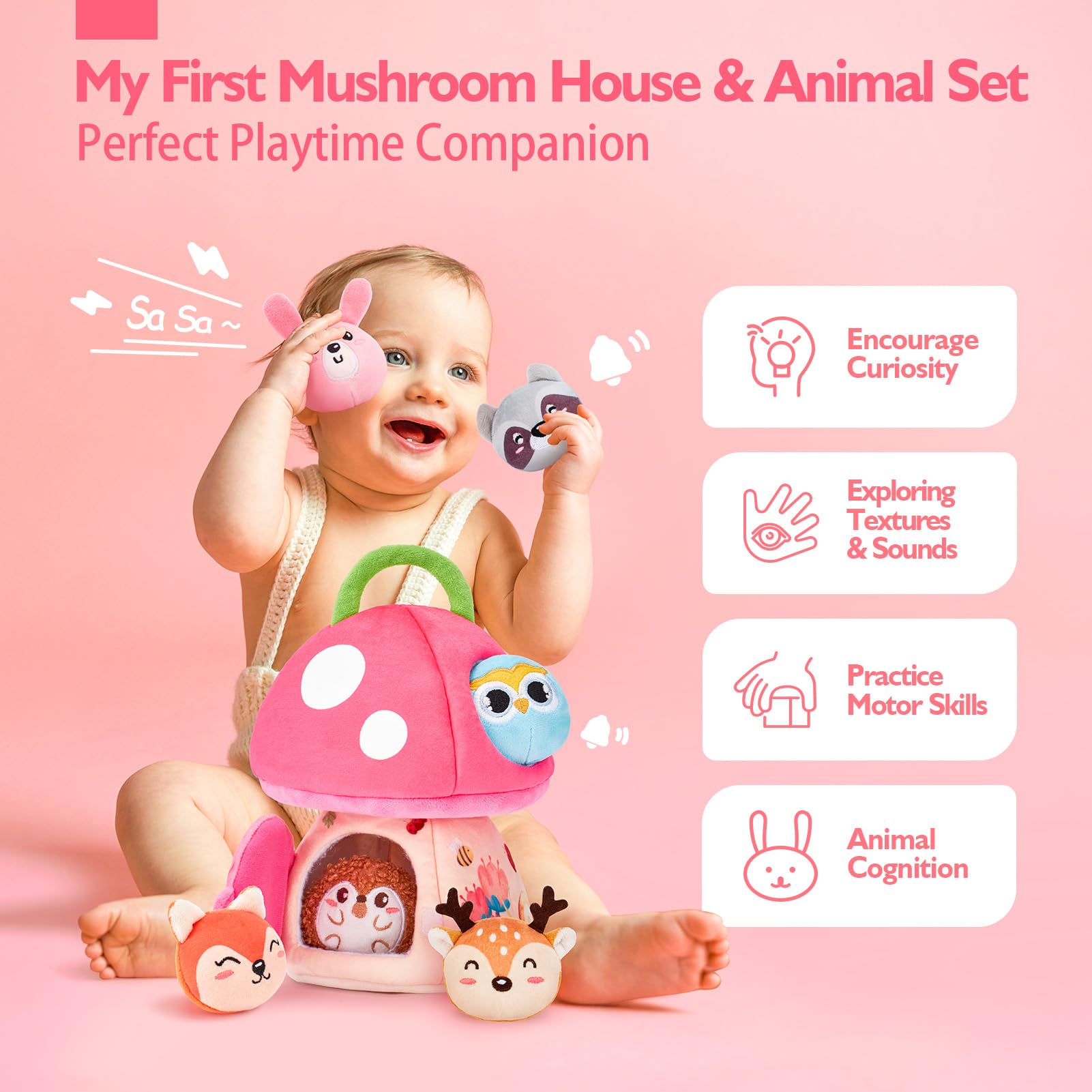 Hahaland Montessori Sensory Toys for Baby Girls 6-12 Months - Mushroom House Playset with Stuffed Jungle Animals, Rattle, Crinkle Paper & Mirror - Educational Toddler Toys for 1 Year Old Girls - Perfect Gift Basket Stuffers for Birthdays & Baby Showers