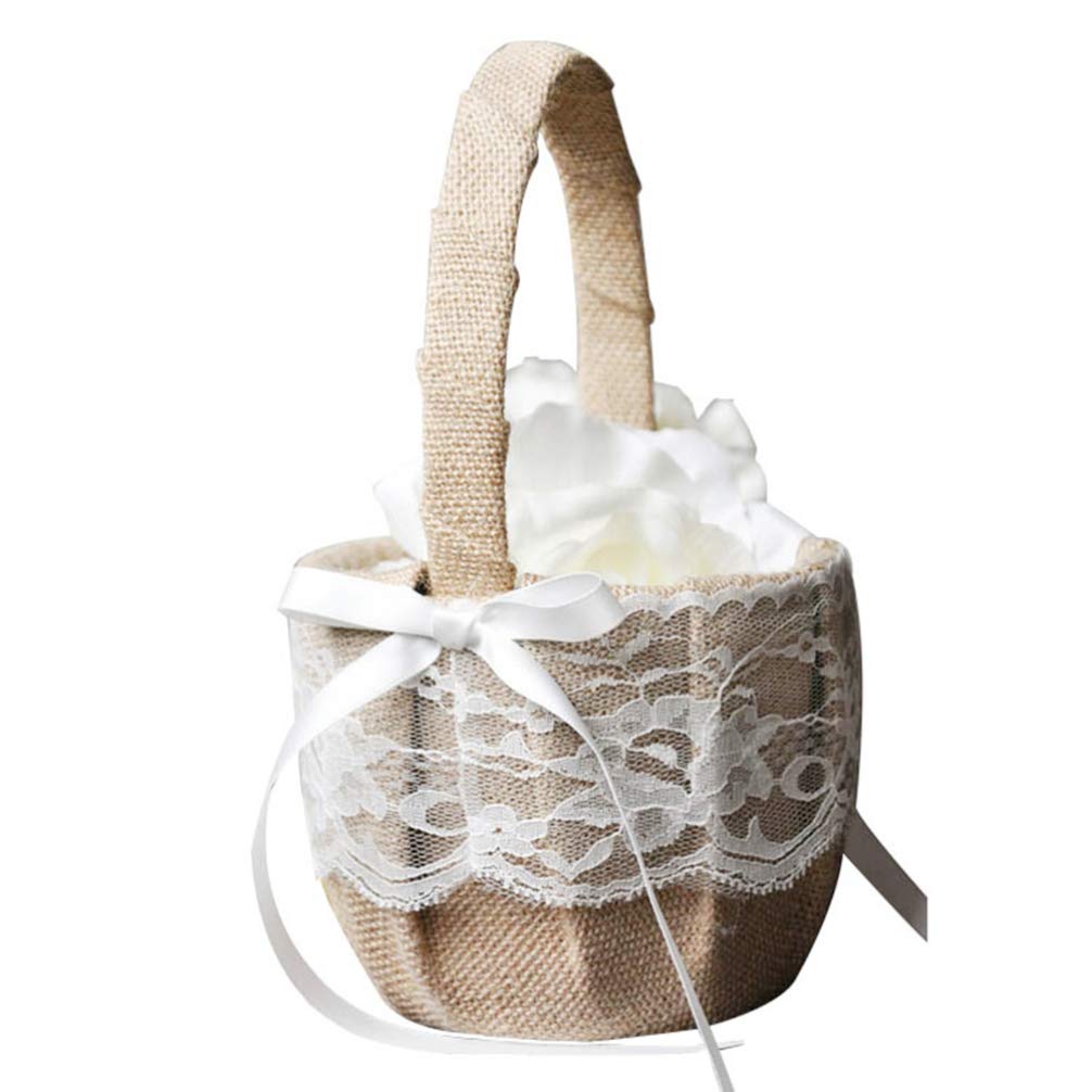 Vintage Linen Flower Girl Basket with Ribbon - Rustic Wedding Decoration for Flower Petals, Ring Bearer, and Bridal Shower Decorations