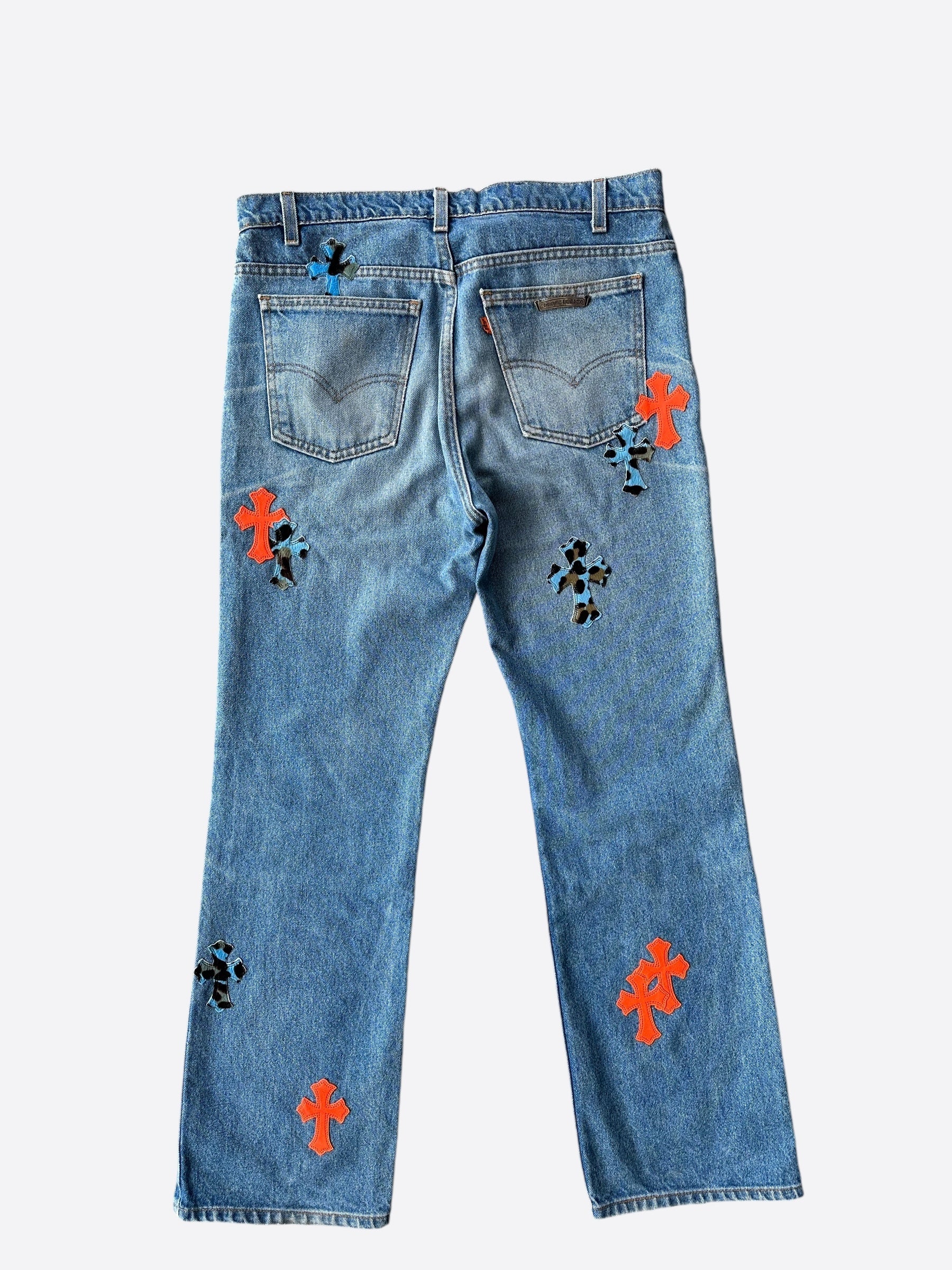 Chrome Hearts x Levi's Exclusive St. Barth Blue & Orange Cross Patch Jeans for Men & Women - Perfect for Streetwear, Casual Outfits, and Fashion Statements