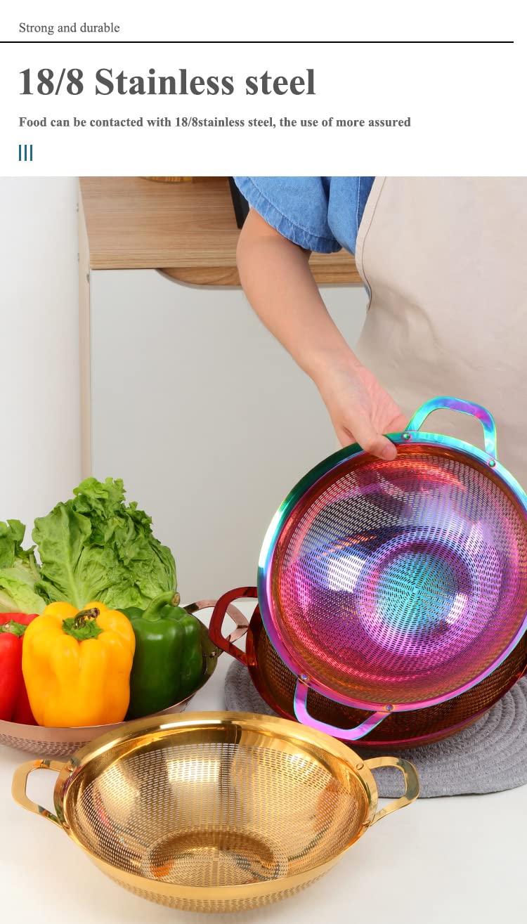 Premium Stainless Steel Colander with Handle & Legs - Pasta Strainer, Berry Basket, Vegetable Drainer for Kitchen, Cooking & Salad Prep - Gold Metal Sieve for Fruits, Noodles & Rice - Ideal for Home Chefs & Meal Prep