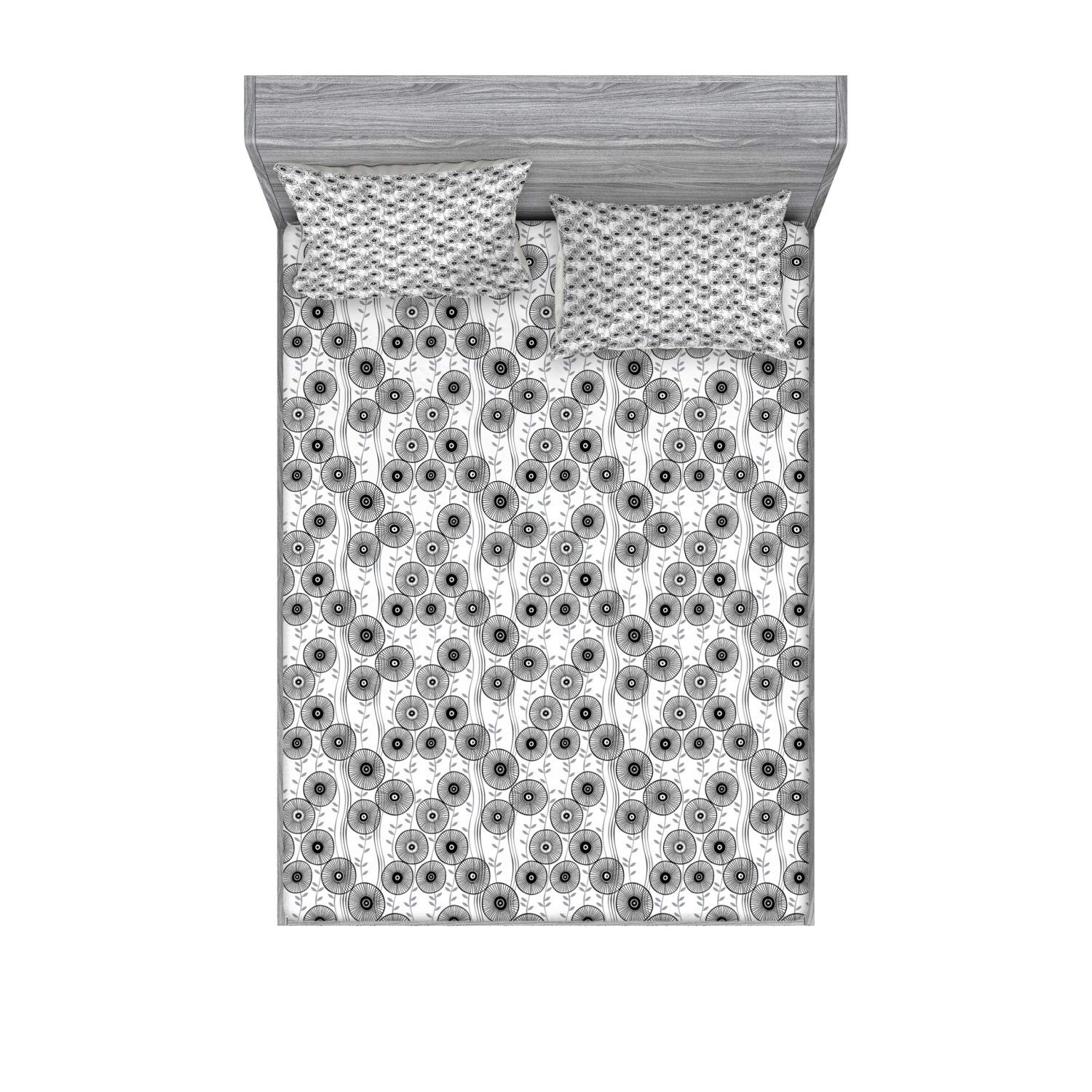 Ambesonne Abstract Fitted Sheet & Pillow Sham Set - Modern Wagon Wheel Design with Twiggy Lines & Leaves - 3-Piece Printed Bedding Set for Queen Size Bed - Dark Taupe Grey - Perfect for Contemporary Bedroom Decor & Guest Room Styling