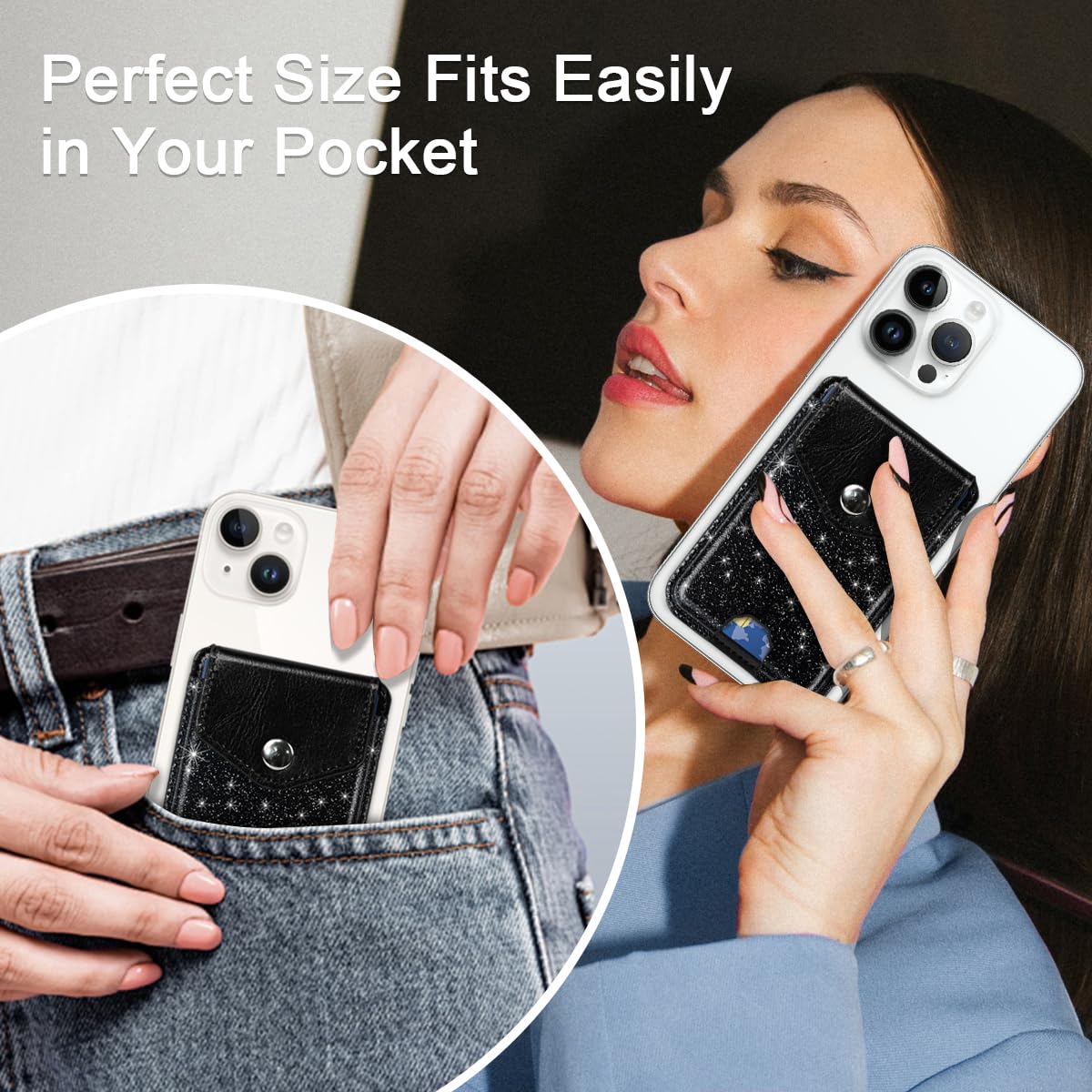 Self Adhesive Card Holder for Phone Back - Leather RFID Blocking Phone Wallet with Snap Closure - Glitter Black Card Sleeve for Phone Case - Perfect for Hands-Free Shopping, Travel & Contactless Payments