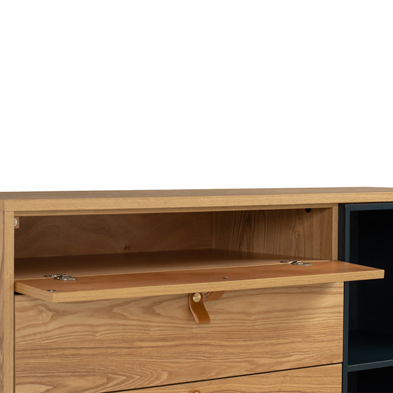CASTOR Sideboard Buffet 125cm - Modern Wooden Storage Cabinet with 3 Drawers & Doors in Natural, Navy Blue & Black - Perfect for Dining Room, Living Room & Entryway Organization