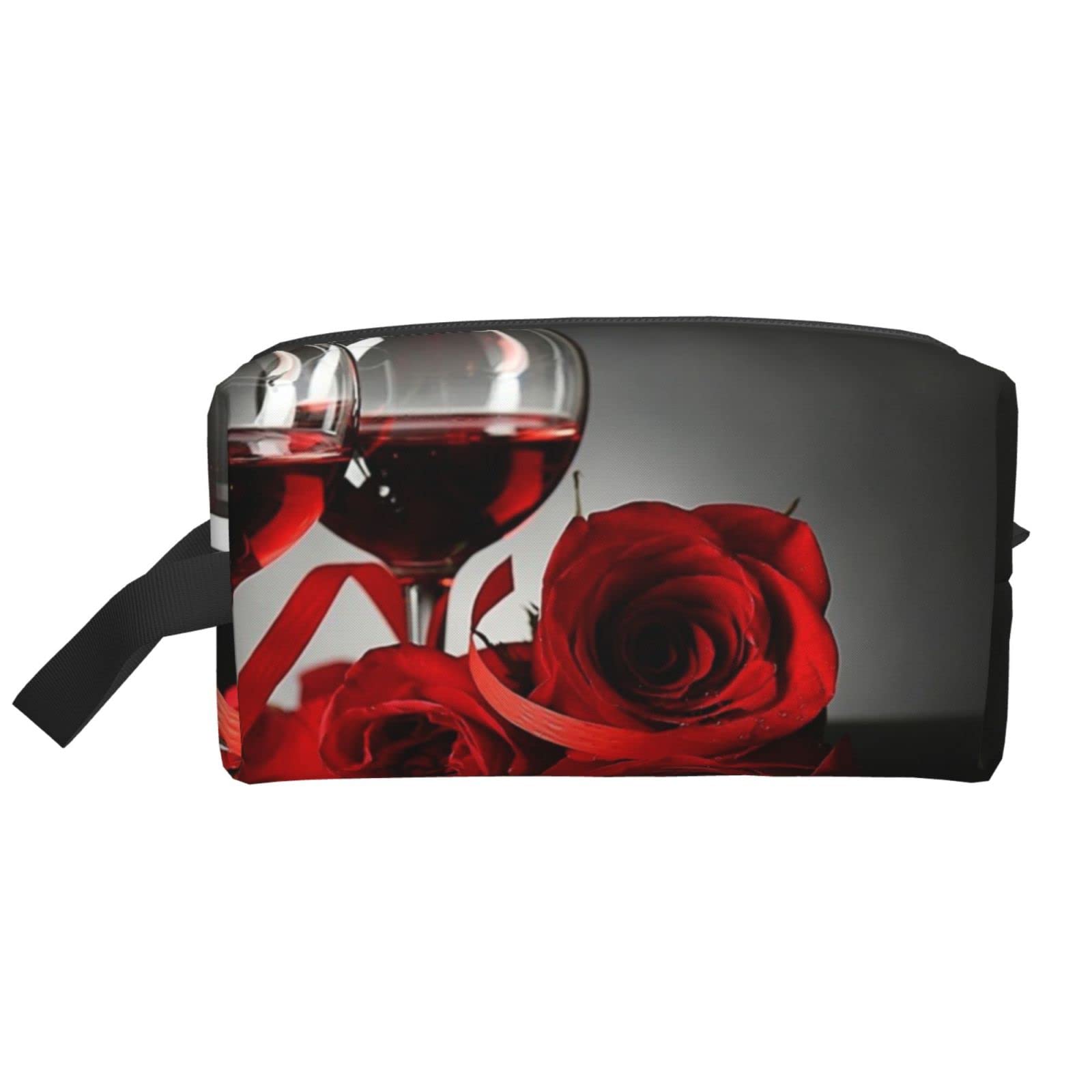 Elegant Red Rose Wine Glass & Candle Toiletry Bag - Multifunctional Cosmetic Organizer for Travel, Makeup Storage, and Bath Essentials - Perfect for Women's & Men's Travel Accessories, Bridal Showers, and Romantic Getaways