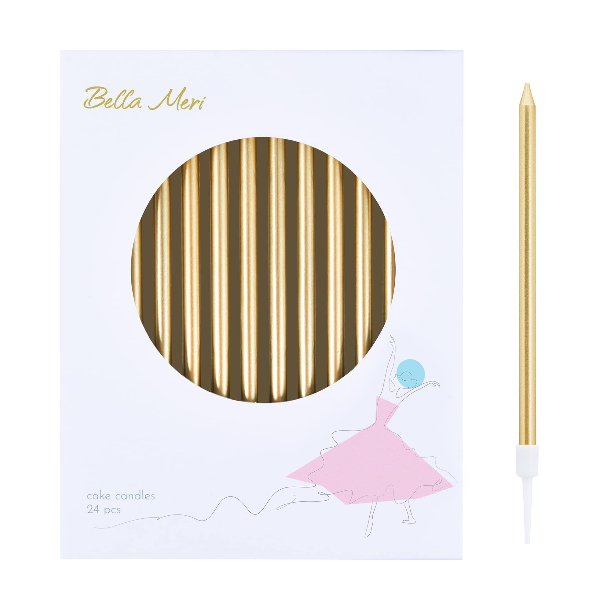 Bella Meri Champagne Gold Long Thin Metallic Birthday Candles - Elegant Cake Candles for Birthday Parties, Wedding Decorations & Special Celebrations | Perfect for Cakes, Cupcakes & Dessert Tables