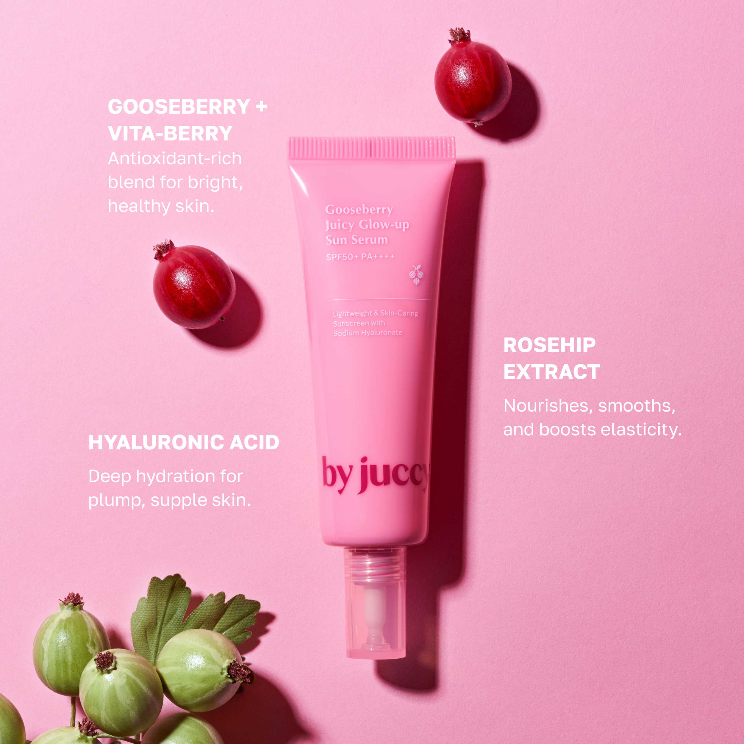 Juccy Gooseberry Juicy Glow Up Sun Serum SPF50+ PA++++ 50ml - Brightening & Hydrating Facial Sunscreen for Daily UV Protection - Perfect for Beach, Outdoor Activities & Everyday Use