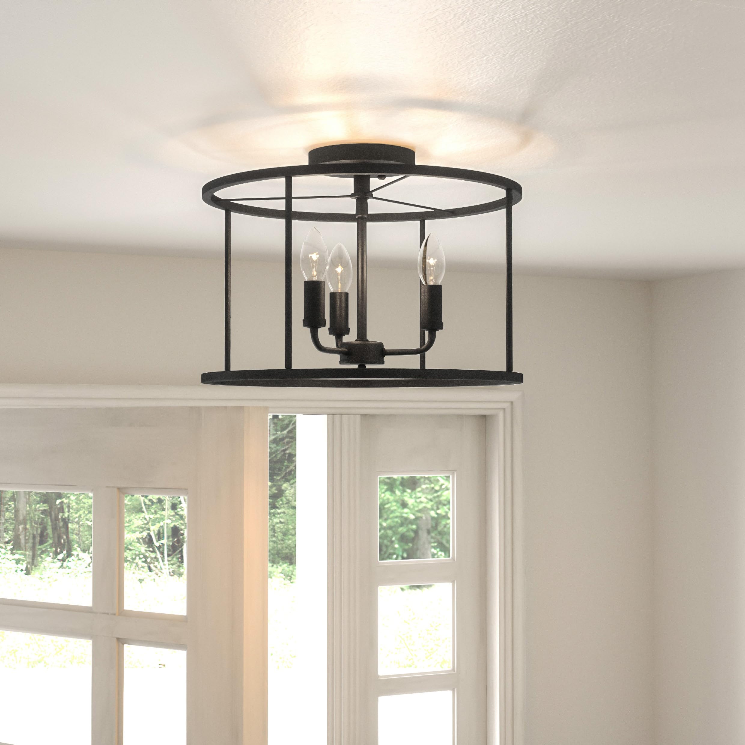 Quoizel Abner 3-Light Matte Black Semi-Flush Mount Ceiling Light Fixture - Modern Lighting for Bedroom, Kitchen, Hallway & Entryway