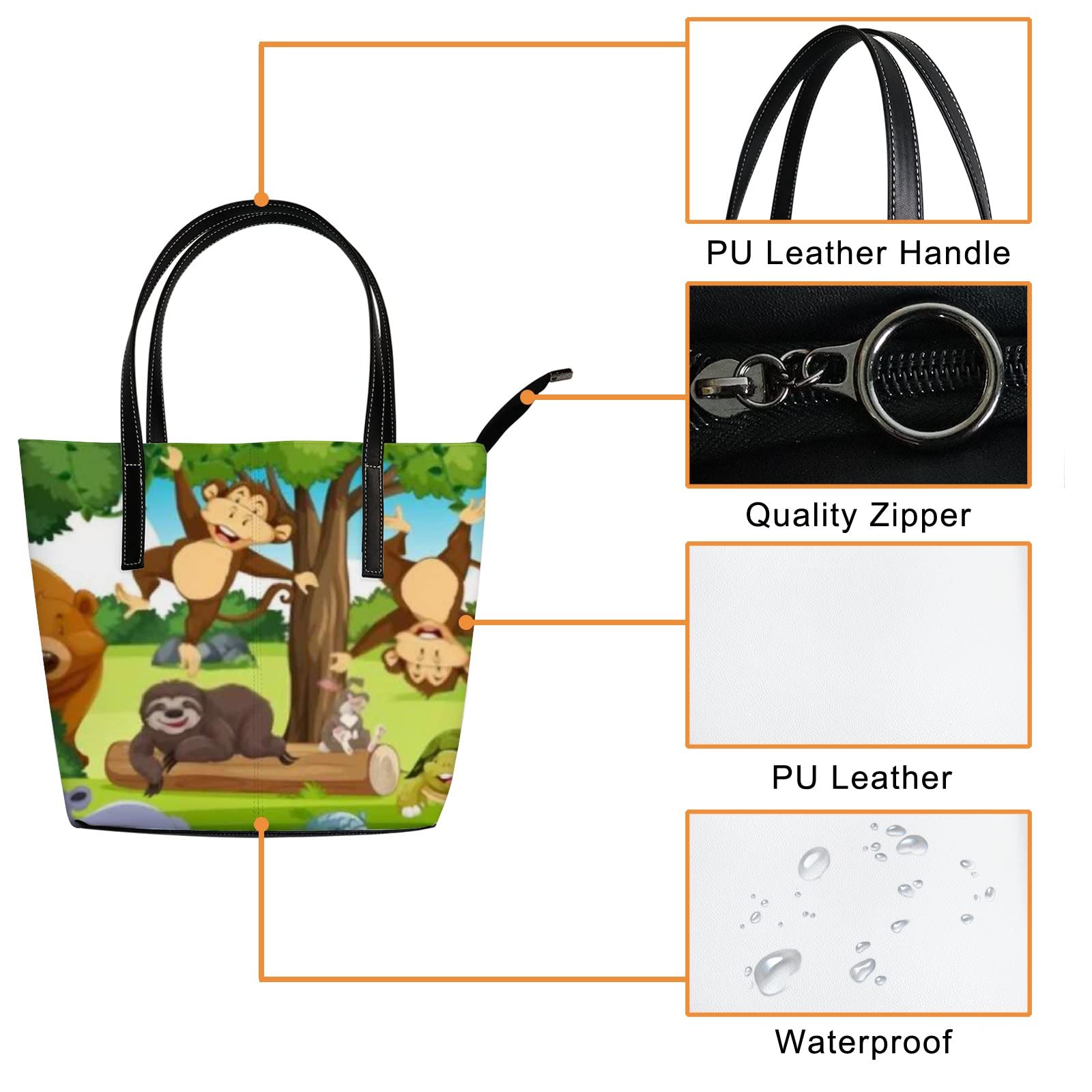 Stylish Green Jungle Animal Print Leather Tote Bag for Women - Cute Cartoon Kawaii Crossbody Handbag with Zipper | Perfect for Work, Travel & Daily Use