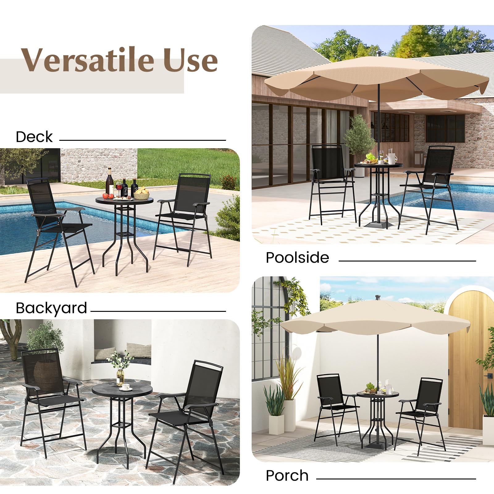 COSTWAY 3-Piece Outdoor Bistro Set with DPC Tabletop & Umbrella Hole - Round Patio Table & 2 Folding Bar Stools - Perfect for Poolside, Deck, Porch, Garden or Backyard Dining - Black