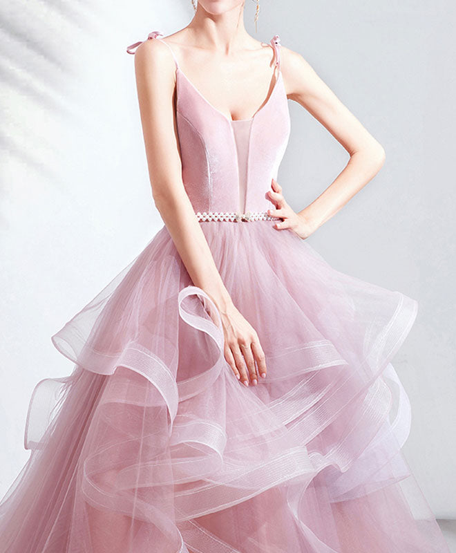 Elegant Pink V-Neck Tulle Long Prom Dress for Women - Formal Evening Gown for Homecoming, Ball, and Special Occasions