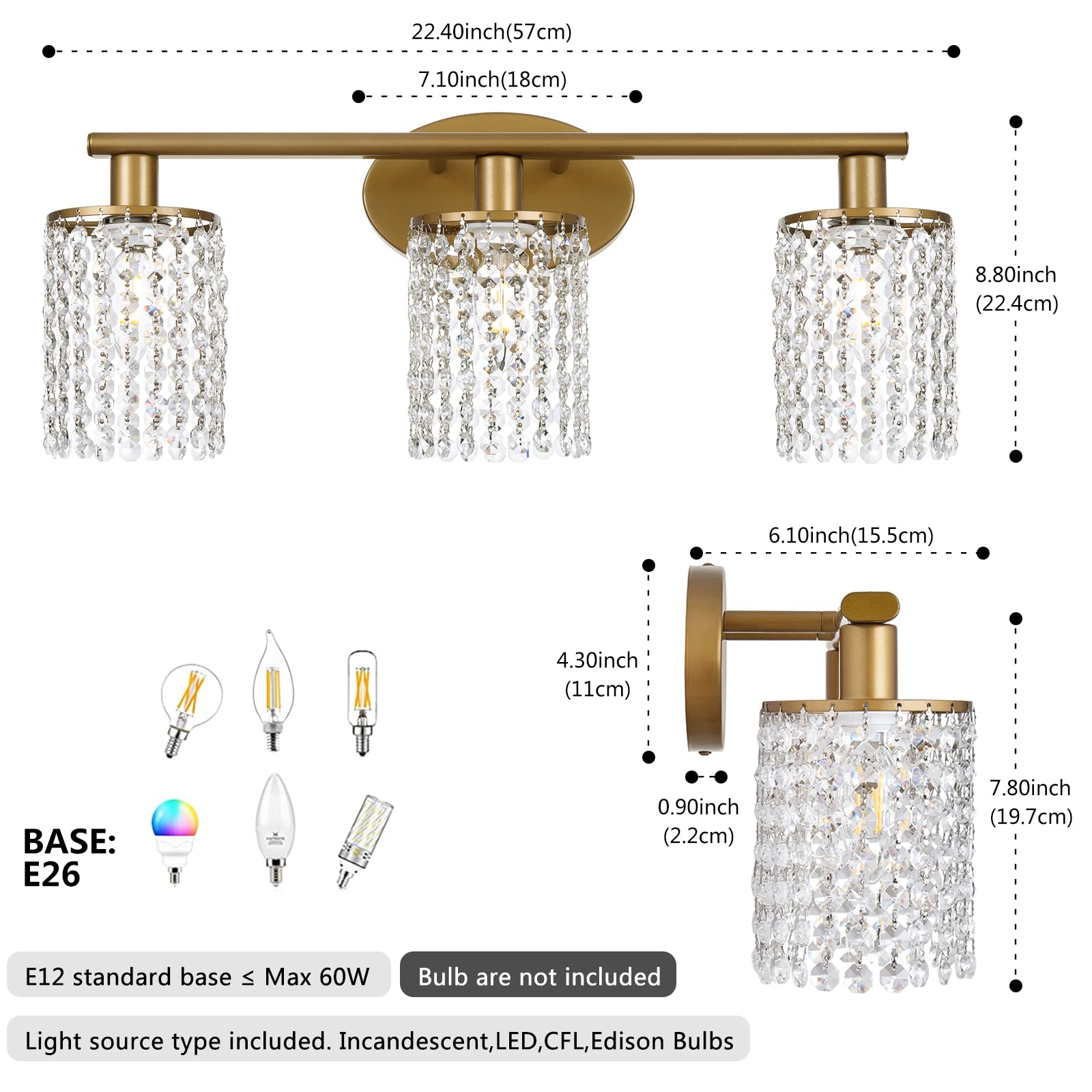 Gold Bathroom Light Fixtures - Crystal 3-Light Vanity Light for Modern Bathrooms | Elegant Mirror Lighting for Bathroom Decor | Perfect for Master Bath, Powder Room & Spa Style Settings