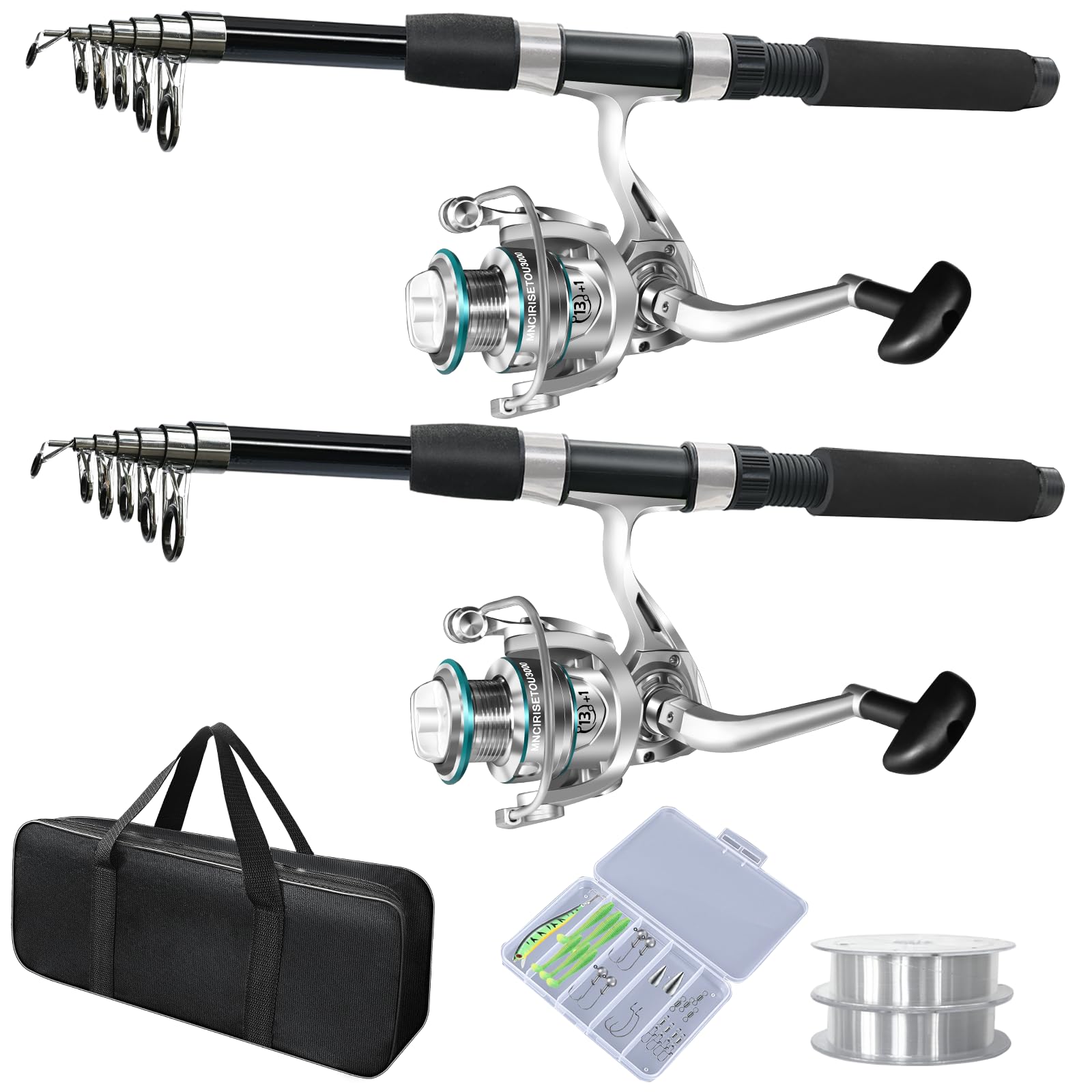 2-Pack Telescopic Fishing Rod and Reel Combo with Spinning Reels & Carry Bag - Saltwater Freshwater Fishing Gear for Travel, Camping, and Outdoor Adventures