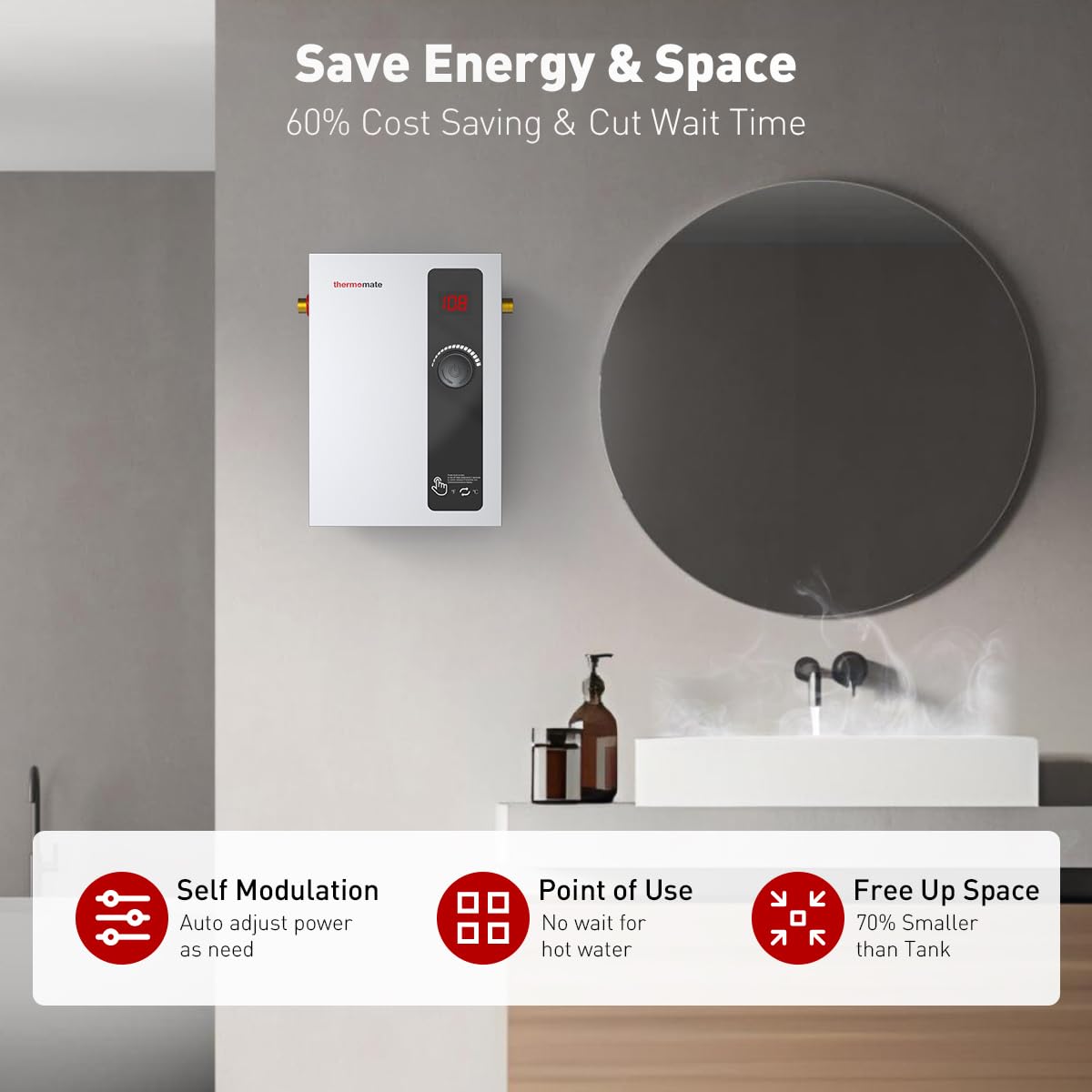 Thermomate 8kW Electric Tankless Water Heater - 240V On Demand Instant Hot Water System | Self-Modulating Technology for Energy & Space Savings | 1.56GPM Flow Rate at 35°F Rise | Perfect for Small Homes, Apartments & Point-of-Use Applications