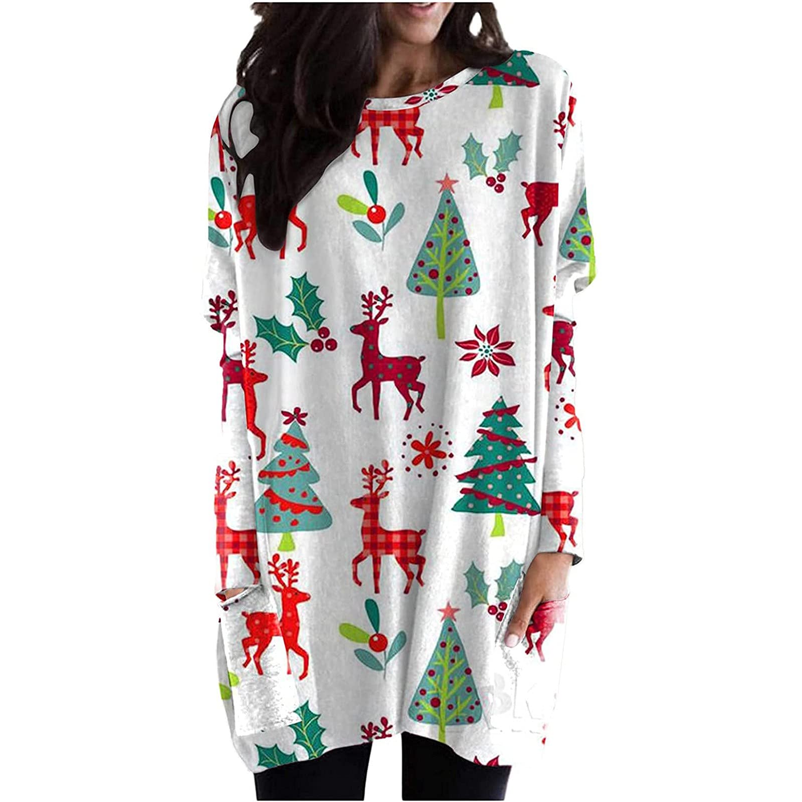 Women's Christmas Party Dress - Casual Round Neck XL Retro Printed T-Shirt Dress (White, S) | Holiday Outfit for Festive Gatherings & Office Celebrations