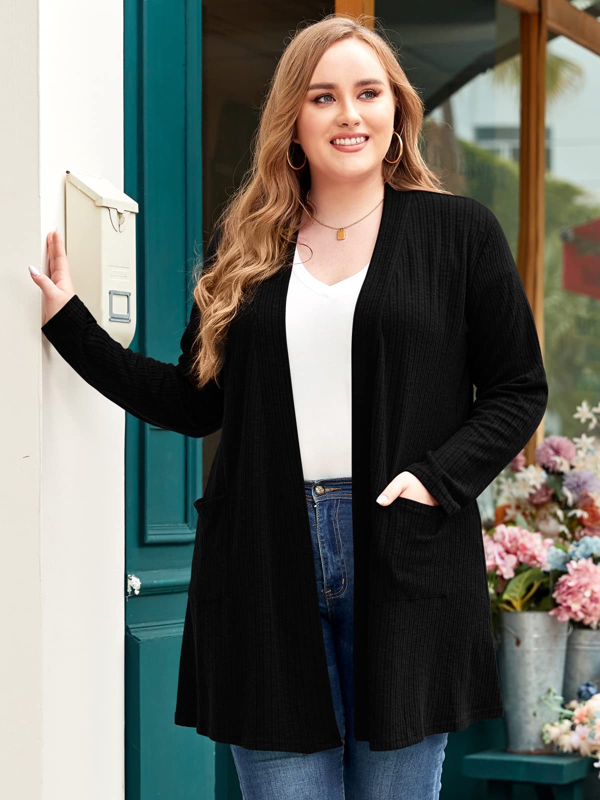 LARACE Women's Plus Size Open Front Knit Cardigan Sweater - Lightweight Long Sleeve Top with Pockets for Winter | Casual Outfit, Layering Piece, Office Wear & Cozy Home Loungewear