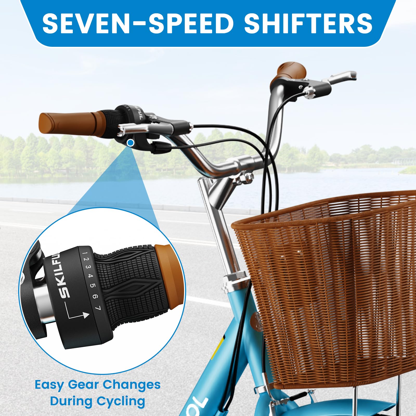 ABORON 7-Speed Beach Cruiser Bike for Adults - Hi-Ten Steel Frame, Front Basket & Rear Rack - Classic Vintage City Bicycle for Urban Commuting, Beach Rides, Park Trails & Leisure Cycling