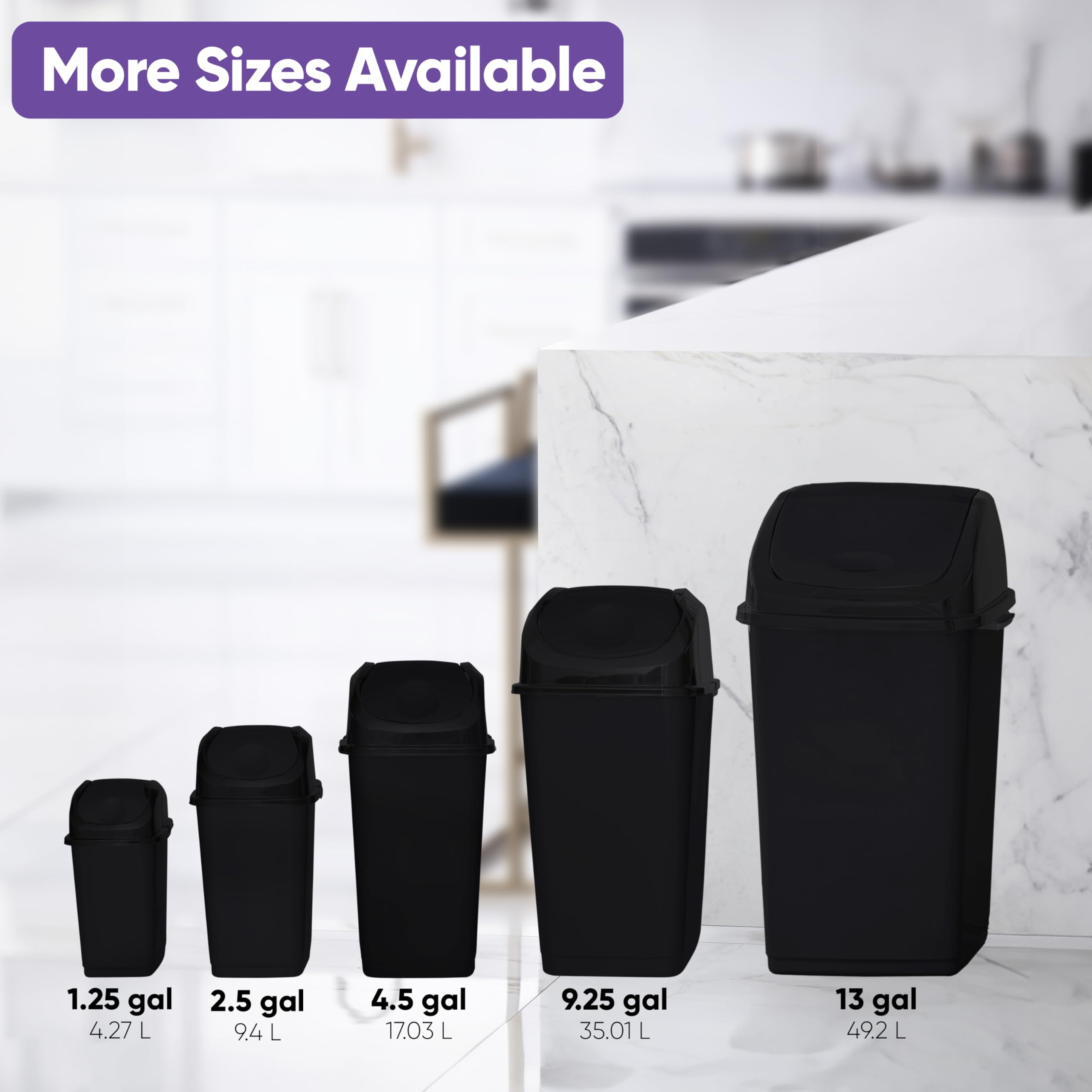 Premium 9 Gallon Slim Swing Top Kitchen Trash Can - 37 Qt Sturdy Plastic Waste Bin with Lid for Office, Bathroom, Under Counter, Dorm & Bedroom - Odor-Controlling Garbage Can for Home & Commercial Use (Black)