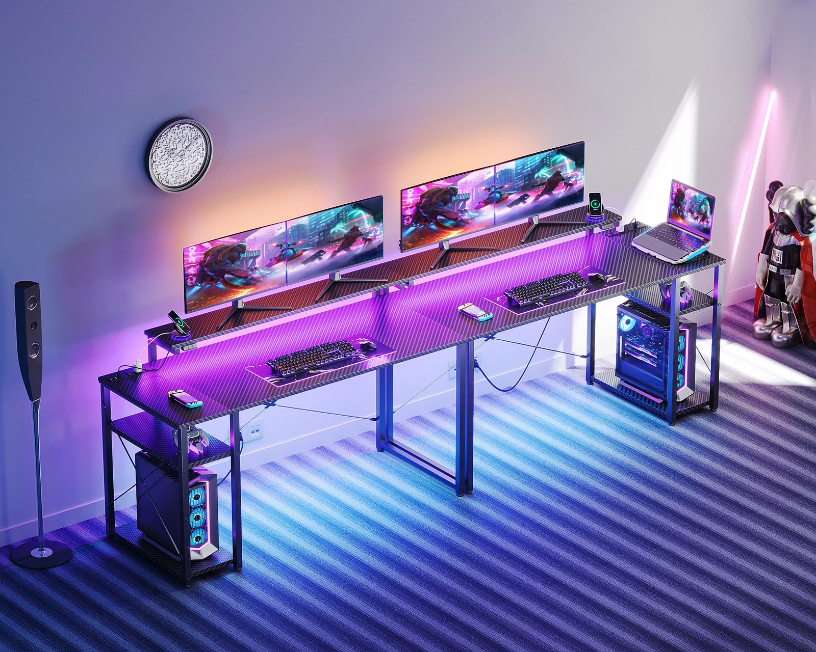 MOTPK 47 Inch Gaming Desk with LED Lights & Power Outlet - Carbon Fiber Computer Desk with Shelves, Adjustable Monitor Stand & Headphone Hook - Perfect for PC Gaming Setup, Home Office & Streaming Station (Black)