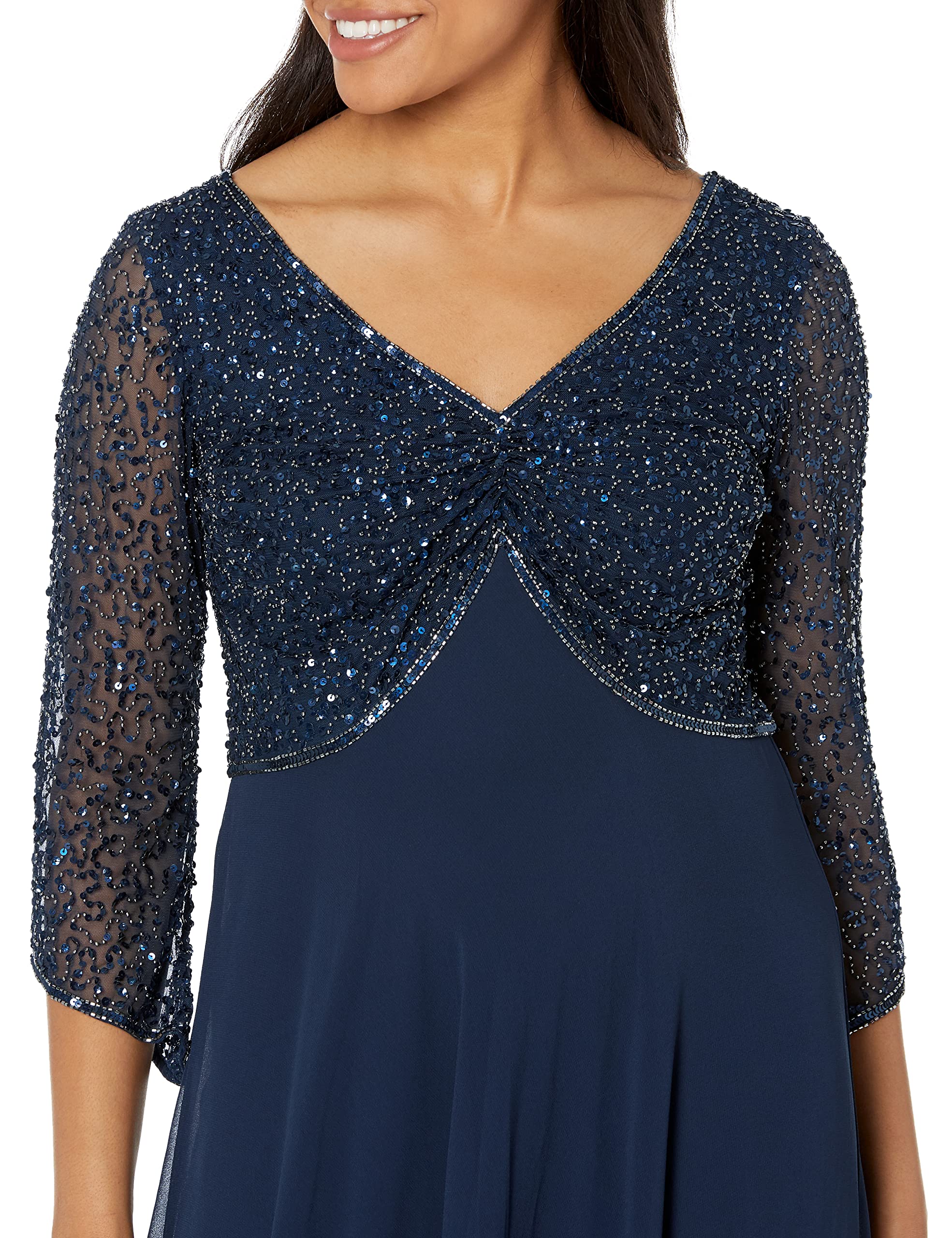 J Kara Women's Elegant 3/4 Sleeve V-Neck Beaded Blouse Long Evening Gown - Perfect for Weddings, Parties & Special Occasions