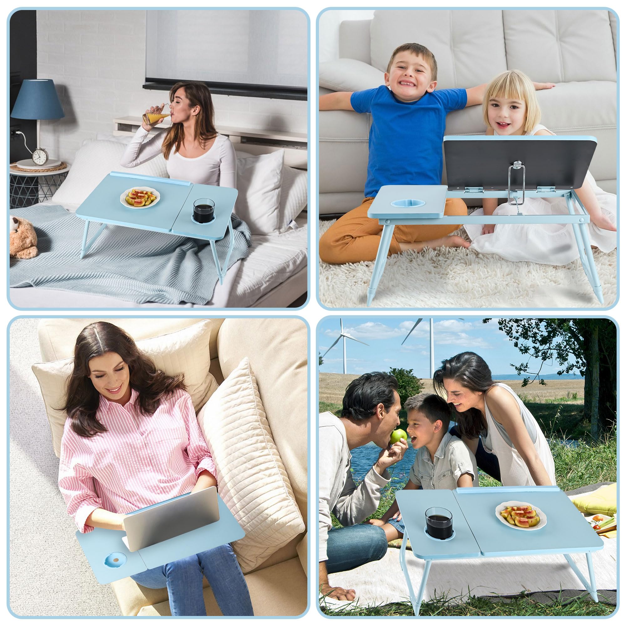 Adjustable Foldable Laptop Desk Tray - Portable Bed Table with Cup Holder for Notebook, Reading & Working on Bed, Couch, Sofa | Perfect for Home Office, Study, Picnic & Dining (Blue)