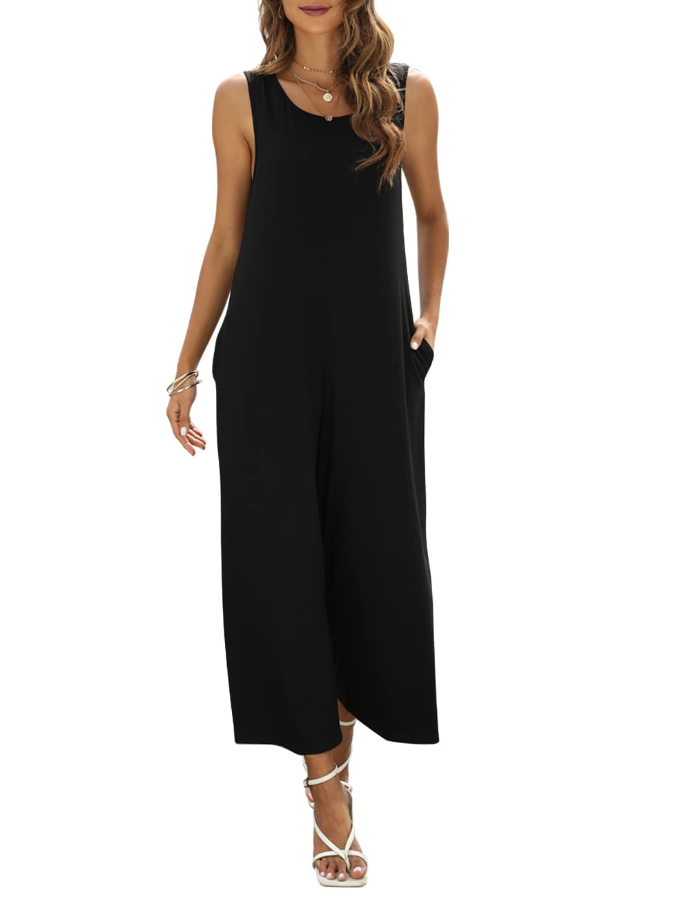 Women's Sleeveless Crewneck Loose Tank Jumpsuit Romper - Summer Casual Outfit with Pockets | Perfect for Beach, Vacation & Everyday Wear