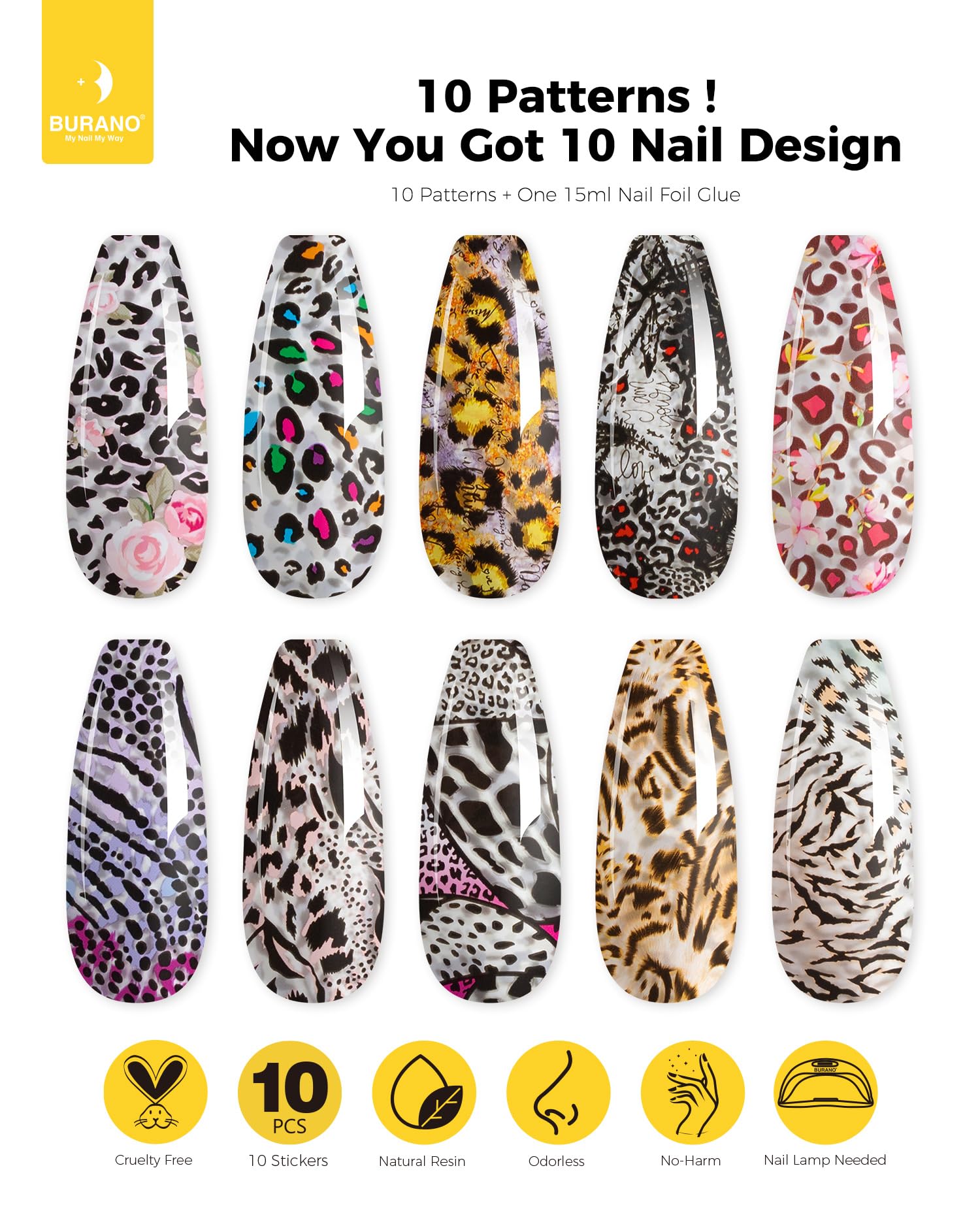 BURANO Nail Art Foil Glue Gel - 0.5 oz with 10PCS Foil Stickers Set for Nail Foil Transfer, DIY Nail Design (Leopard Print 08) | UV/LED Lamp Required | Perfect for Salon, Home Manicures & Nail Art Enthusiasts