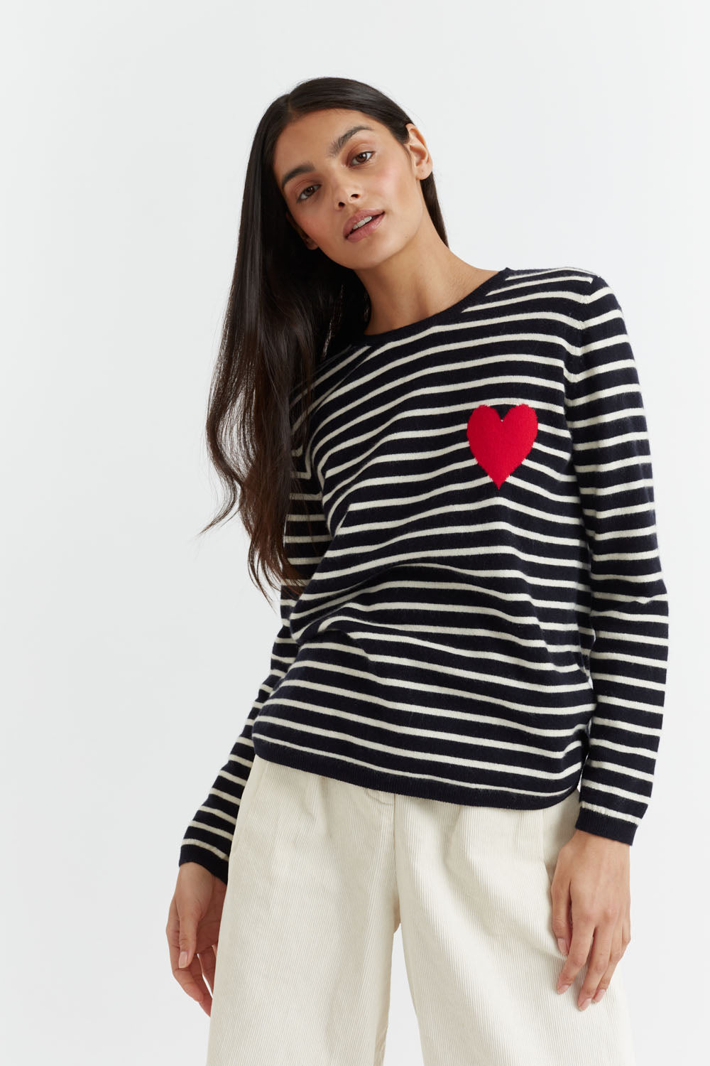 Navy Blue Wool Cashmere Sweater Women's Breton Heart Knit Pullover - Cozy Winter Fashion for Office & Date Night