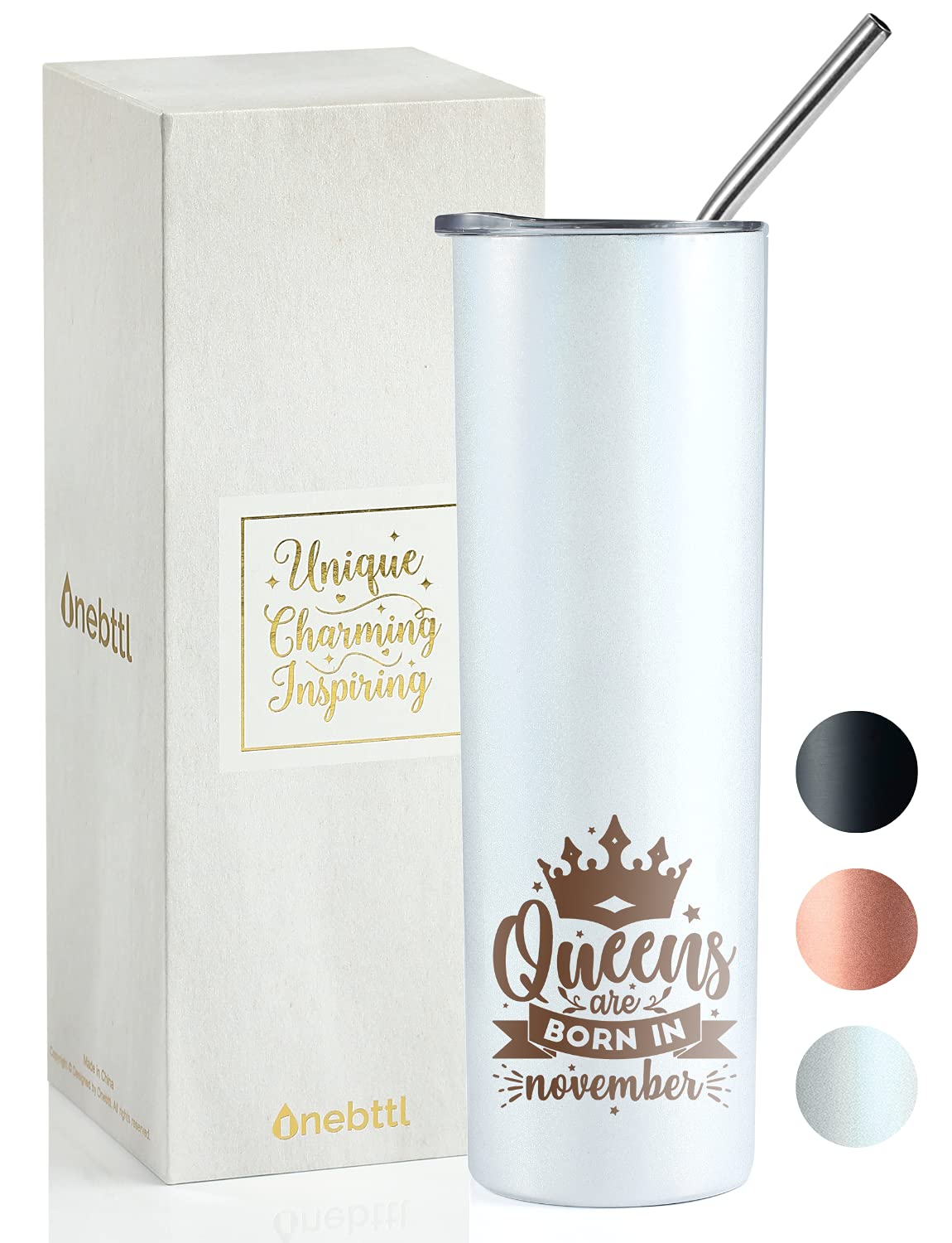 November Birthday Skinny Tumbler - 20oz Stainless Steel Wine & Coffee Cup with Lid - Perfect Gift for Women, Her, Girlfriend, Best Friend, Wife, Mom, Daughter - Great for Office, Home, Travel & Daily Use - Elegant White Design