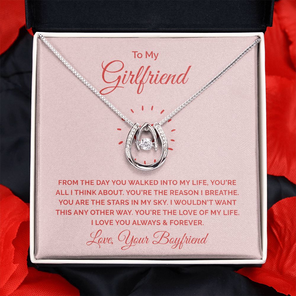 Lucky in Love Necklace for Girlfriend - White Gold Cubic Zirconia Pendant - Romantic Gift from Boyfriend - Perfect for Anniversaries, Valentine's Day & Special Occasions