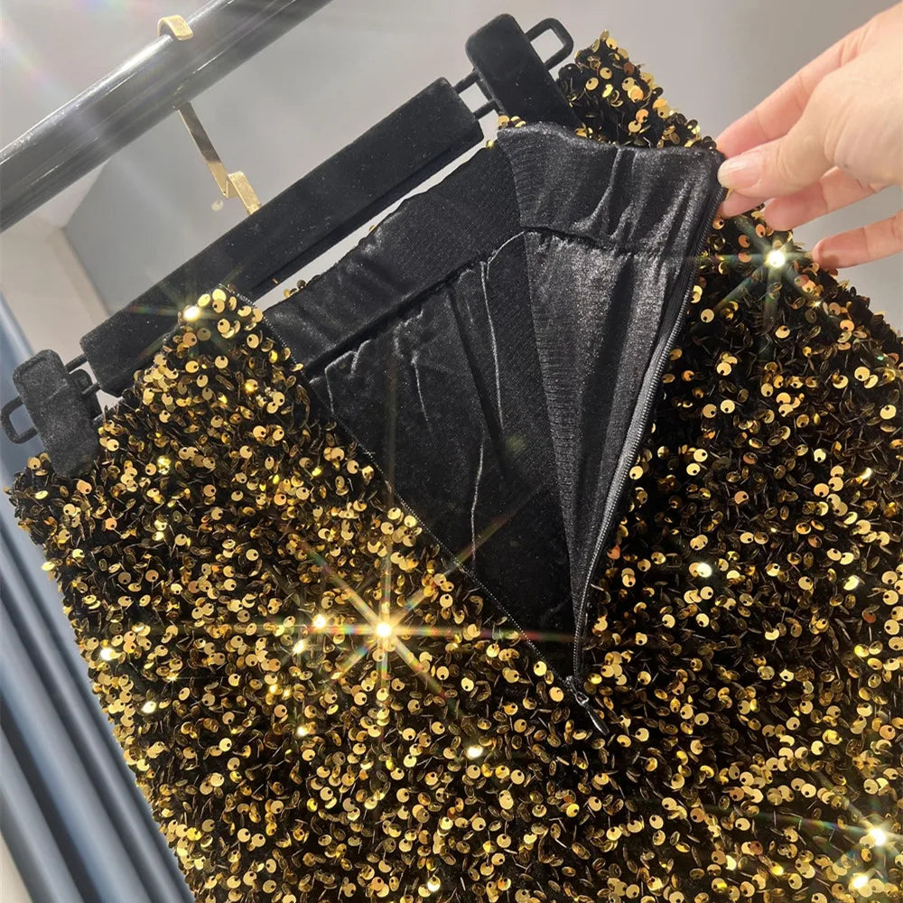 French High Waisted Slim Skirt for Women - Shiny Black Sequin Mid-Length Skirt with Side Split, Thickened Hip Design & All-Match Styling | Perfect for Parties, Date Nights & Evening Events
