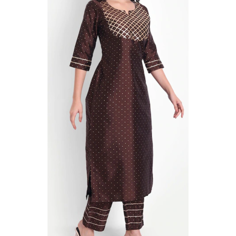 Women's Brown Printed Gotta Patti Ethnic Kurta Set | Traditional Indian Outfit for Festivals, Parties & Casual Wear