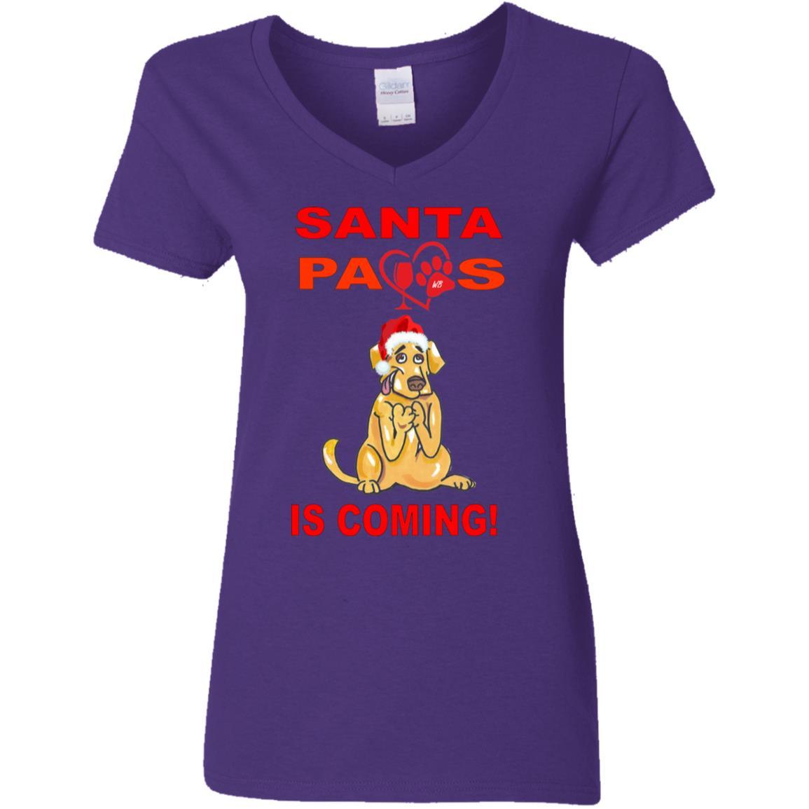 Santa Paws Is Coming - Funny Christmas Dog Lovers T-Shirt for Women - Soft 5.3 oz V-Neck Cotton Tee - Perfect Gift for Pet Owners & Holiday Parties
