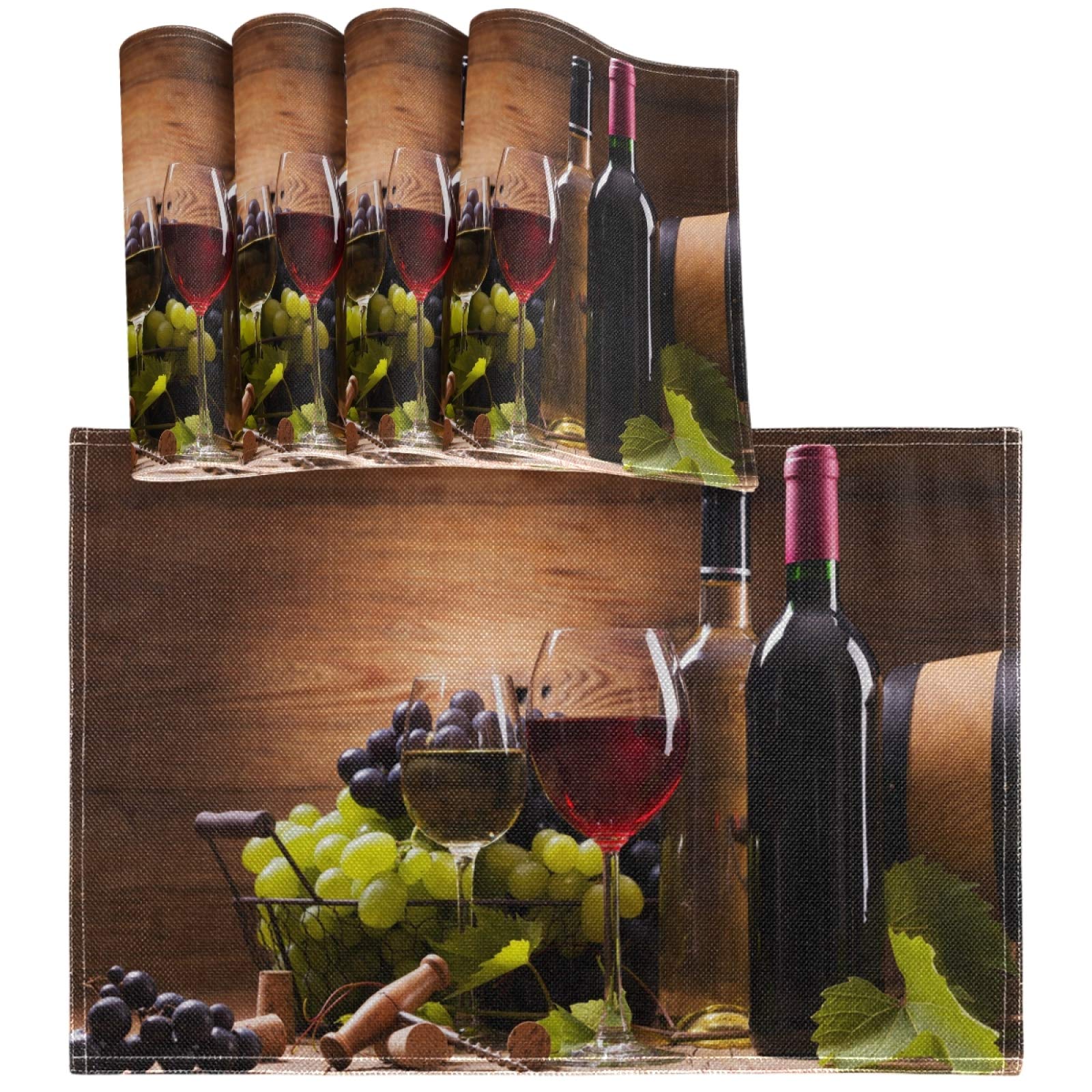 Vintage Wooden Heat-Resistant Wine Glass Placemats Set of 4 - Red & White Grape Design Washable Table Mats for Dining Room Decor | Perfect for Wine Tasting, Dinner Parties & Kitchen Protection