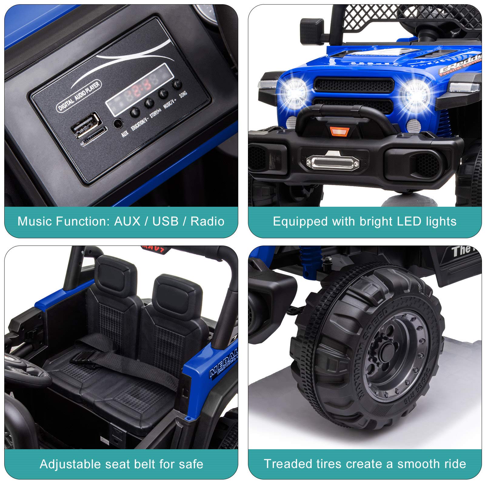 12V Kids Electric Ride On Car - Remote Control Rechargeable Toy Truck with LED Lights & AUX, Double Drive Motorized Vehicle for Boys & Girls - Perfect for Indoor & Outdoor Play (Blue)
