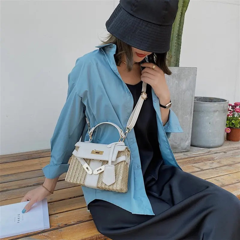 Stylish Woven Straw Handbag for Women - Designer Wicker Crossbody Shoulder Bag with Chic Lock, PU Trim - Perfect for Summer Beach, Vacation & Outdoor Activities