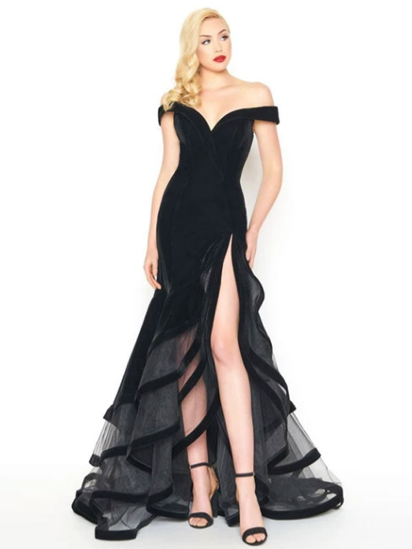 Elegant Velvet Mermaid Evening Dress Off The Shoulder Ruffled Formal Gown for Women - Perfect for Prom, Wedding Guest, Cocktail Party & Special Occasions