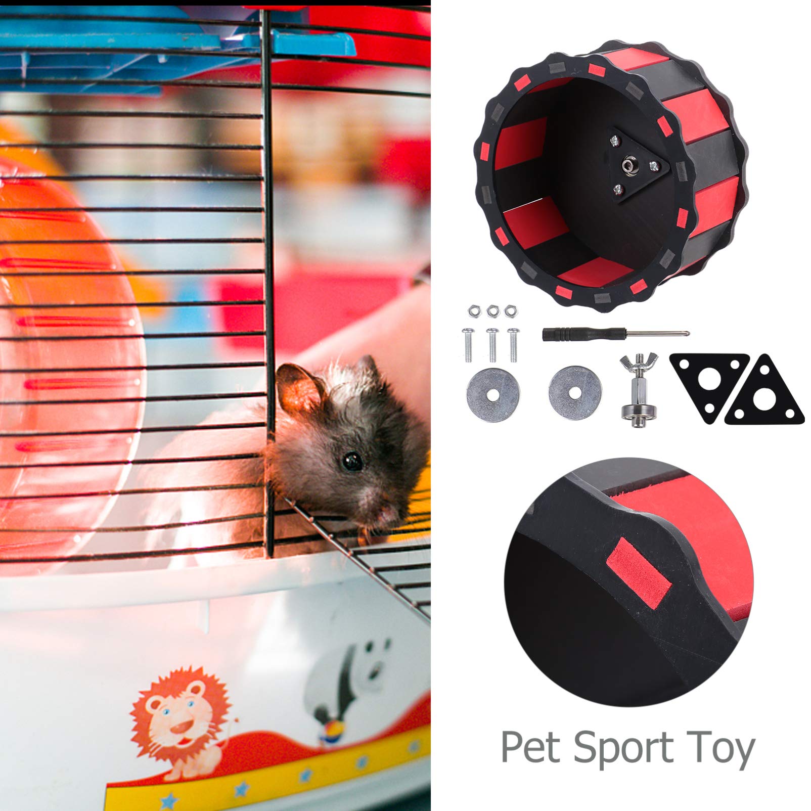 Balacoo Wooden Hamster Exercise Wheel - Silent Small Pet Running Wheel for Rats, Chinchillas, Gerbils - Cage Accessory for Squirrels, Rabbits & Small Animals (Black/Red) - Perfect for Play & Exercise in Pet Cages