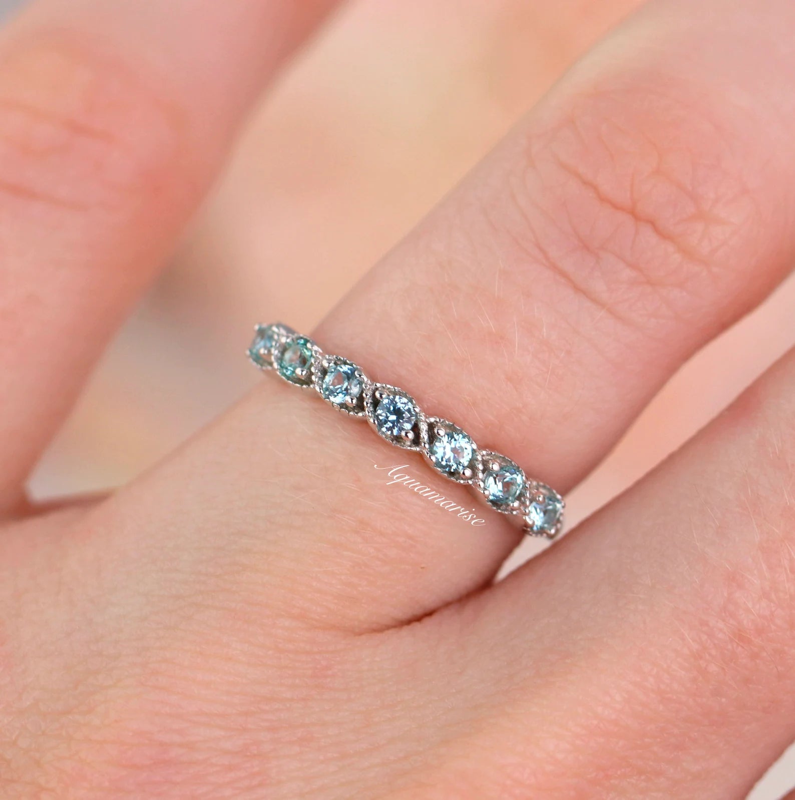 Art Deco Aquamarine Wedding Band for Women - Sterling Silver Ring, Vintage Style Engagement Ring, Perfect for Bridal, Anniversary & Special Occasions
