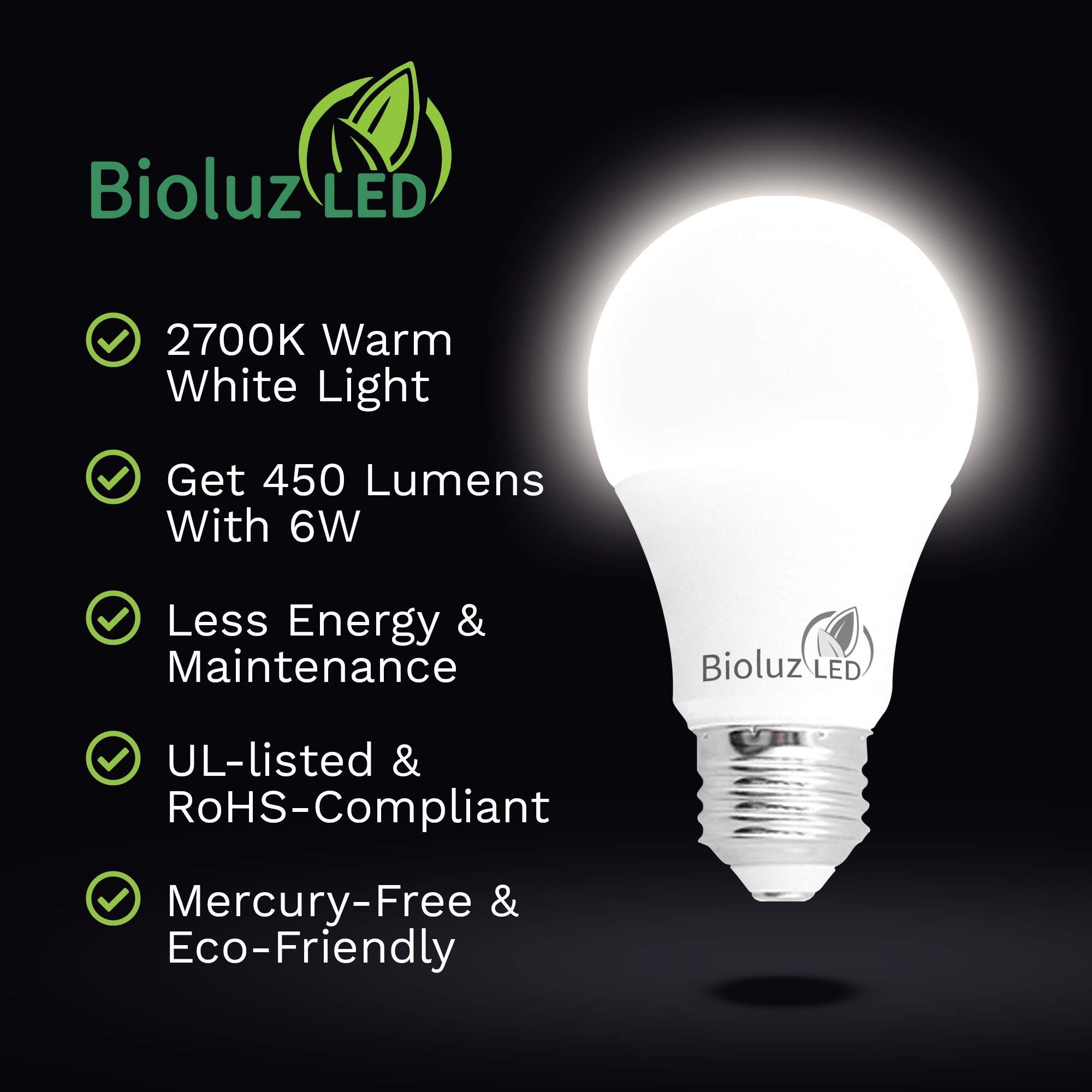 Bioluz LED 48 Pack 40W Equivalent A19 LED Light Bulbs, 6W Warm White 2700K, Non-Dimmable, UL Listed - Energy Efficient Lighting for Home, Office, Bedroom, Living Room, Kitchen