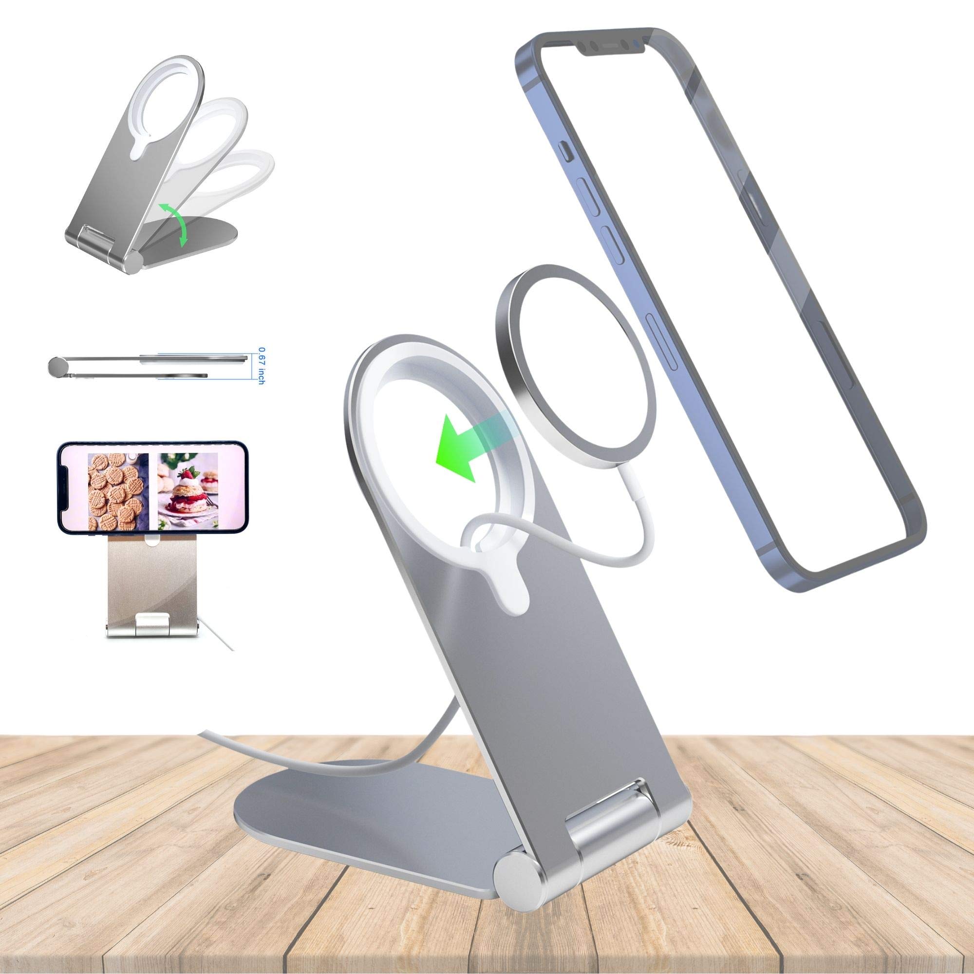 Aporia Magnetic Wireless Charger Stand - Foldable & Adjustable MagSafe Compatible Charging Pad for iPhone 14/13/12 Mini Pro Max | Phone Holder Mount (Silver) | Perfect for Home, Office & Car Use