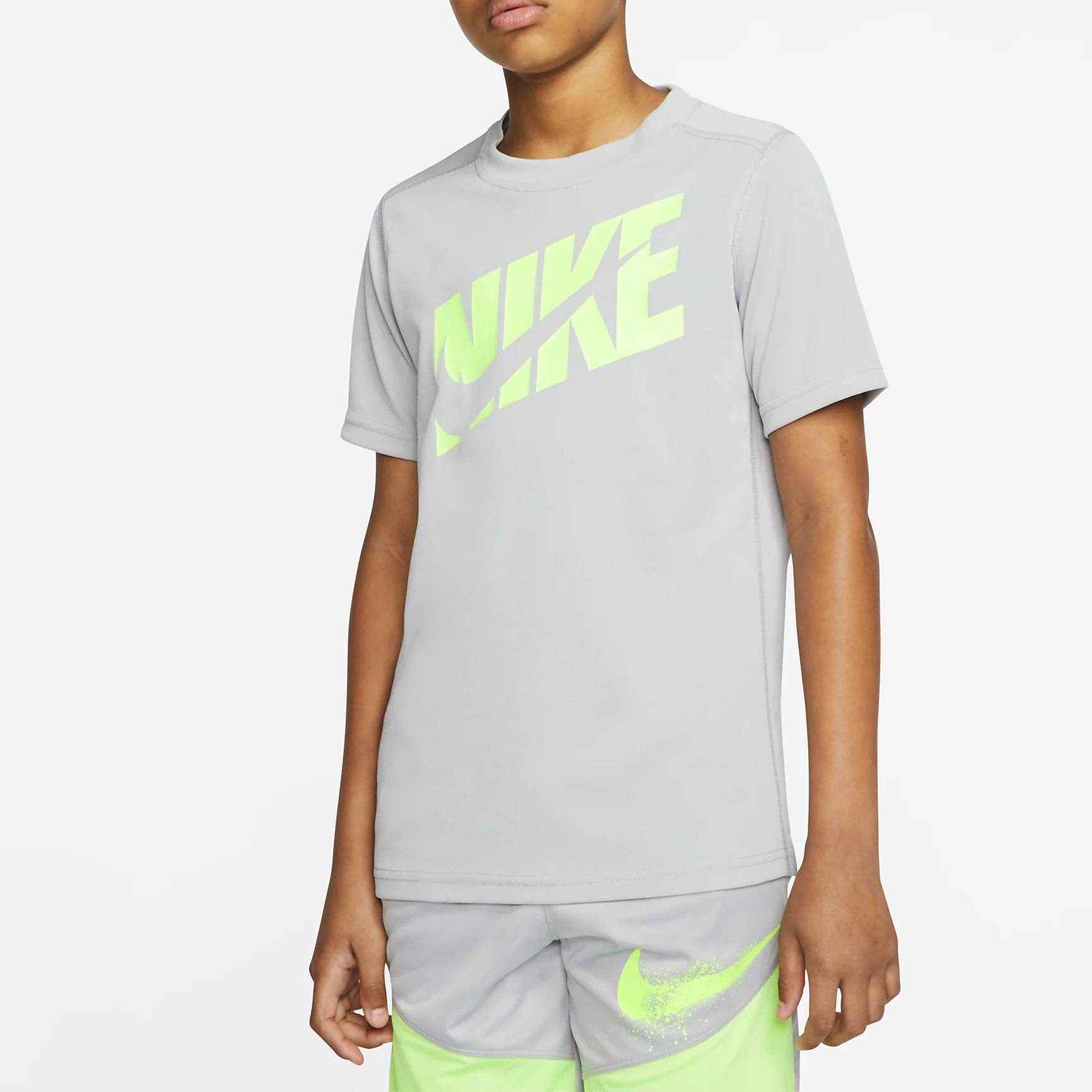 Nike Kids Boys HBR+ Perforated Short Sleeve T-Shirt - Light Smoke Grey & Ghost Green - Size 8 (Big Kids) - Breathable & Comfortable for Sports & Outdoor Activities