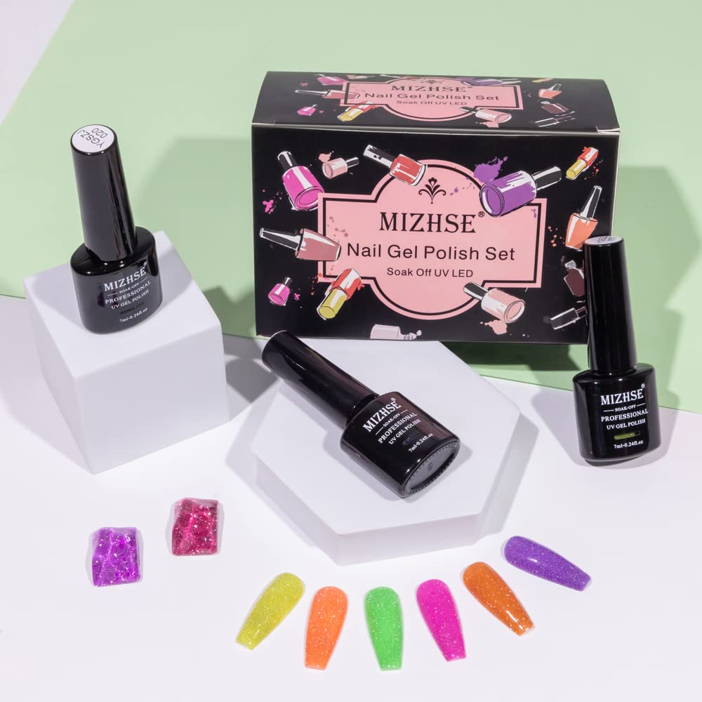 MIZHSE Neon Reflective Glitter Gel Nail Polish Set - 12 Colors (7ml Each) with Sparkly Disco Diamond Effect, Soak Off UV LED Gel for Manicure | Perfect for Nail Art, Salon, Party & Night Out Glam Looks