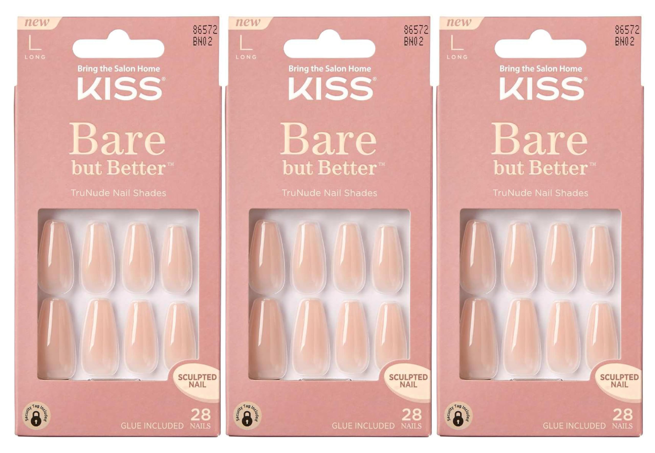 KISS Bare But Better TruNude Fake Nails - 28 Natural Nude Shades Manicure Set | Chip & Smudge Proof Glue-On Artificial Nails (Pack of 3) | Perfect for Everyday Wear, Weddings & Special Occasions