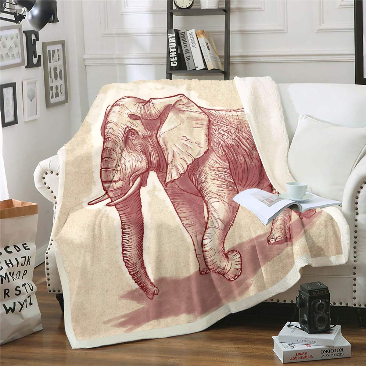 Erosebridal African Savannah Wildlife Elephant Throw Blanket - Soft Fuzzy Fleece Blanket with Elephant Silhouette for Men & Boys - Warm Sherpa Queen Size Blanket in Brown - Perfect for Bedroom, Sofa & Outdoor Camping