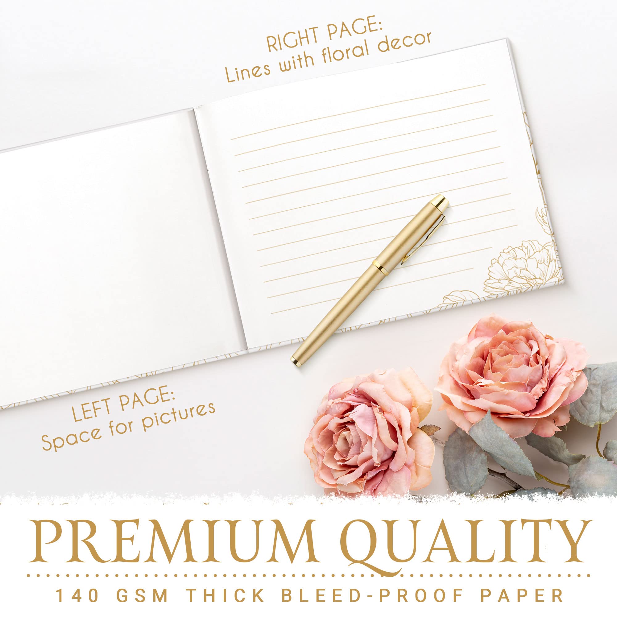 Elegant Gold Stamped Floral Wedding Guest Book with Pen - Perfect for Wedding Reception, Bridal Shower & Anniversary Celebrations