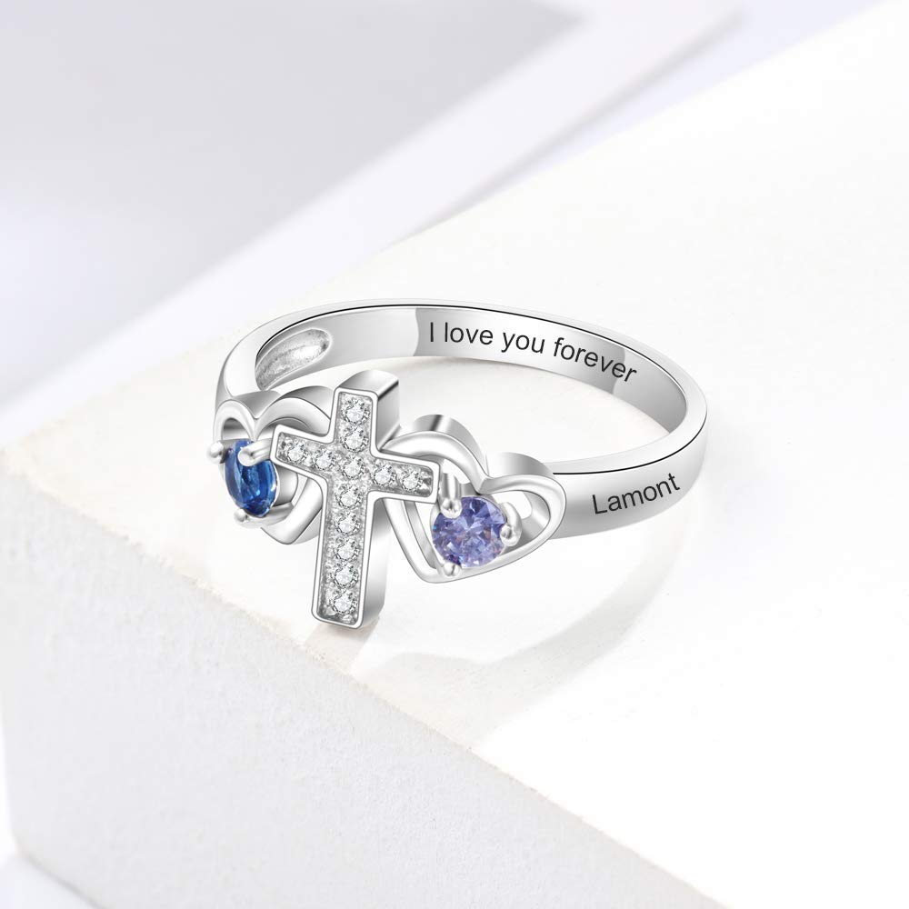 Personalized Sterling Silver Cross Ring for Women - Custom Name & 2 Birthstones Mothers Ring - Meaningful Gift for Mom, Grandma, Wife, Daughter, Girlfriend - Perfect for Mother's Day, Promise Rings & Special Occasions