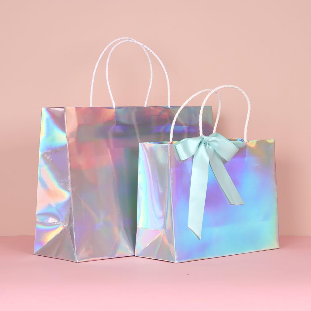 PAPERIST 6-Pack 11.8x4.7x9 Inch Medium Holographic Silver Gift Bags with Premium White Handles - Glossy Laminated Paper Bags for Birthday, Wedding & Party Favors