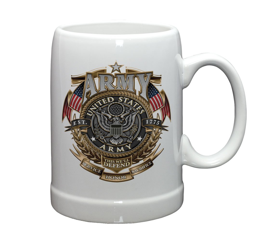 Army Gold Shield Beer Glass Set of 12 (20oz) - Patriotic Armed Forces Gifts for Men & Women, American Soldier Themed Stoneware with Logo - Perfect for Military Appreciation, Veterans Day & Home Bar Decor