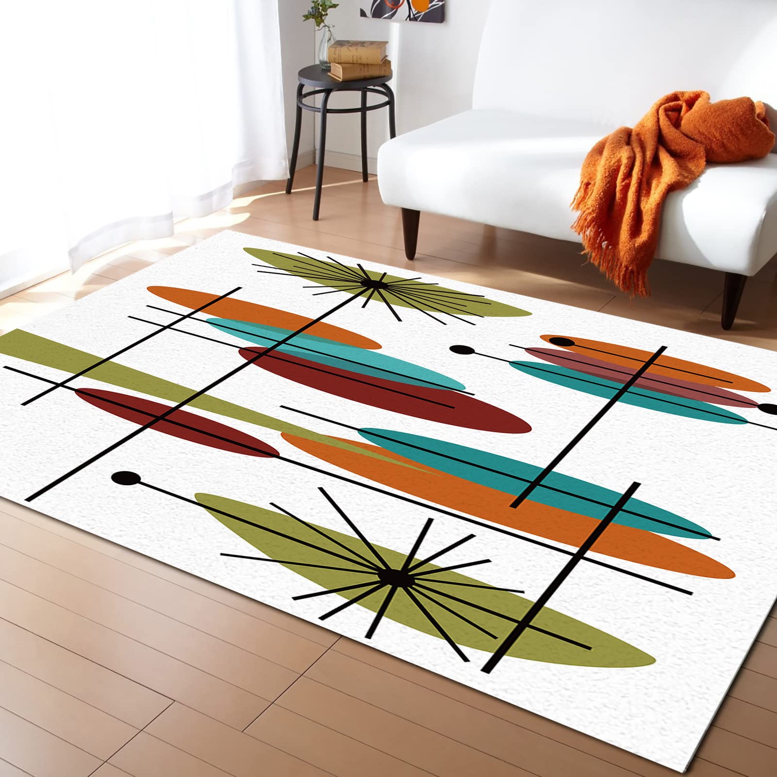 5'x8' Geometric Area Runner Rug - Indoor Outdoor Washable Carpet for Kitchen, Living Room, Bathroom, Bedroom & Classroom | Abstract Mid-Century Modern Design in Maroon, Orange & Teal | Perfect as Welcome Mat, Doormat or Laundry Room Floor Mat